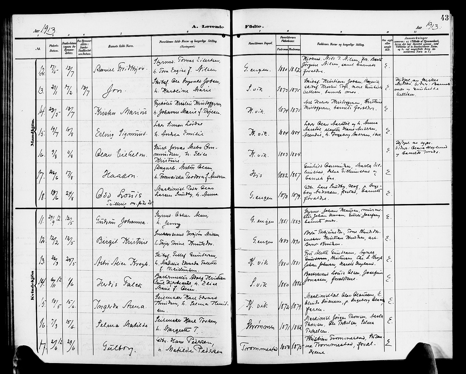 Hisøy sokneprestkontor, AV/SAK-1111-0020/F/Fb/L0004: Parish register (copy) no. B 4, 1905-1923, p. 43