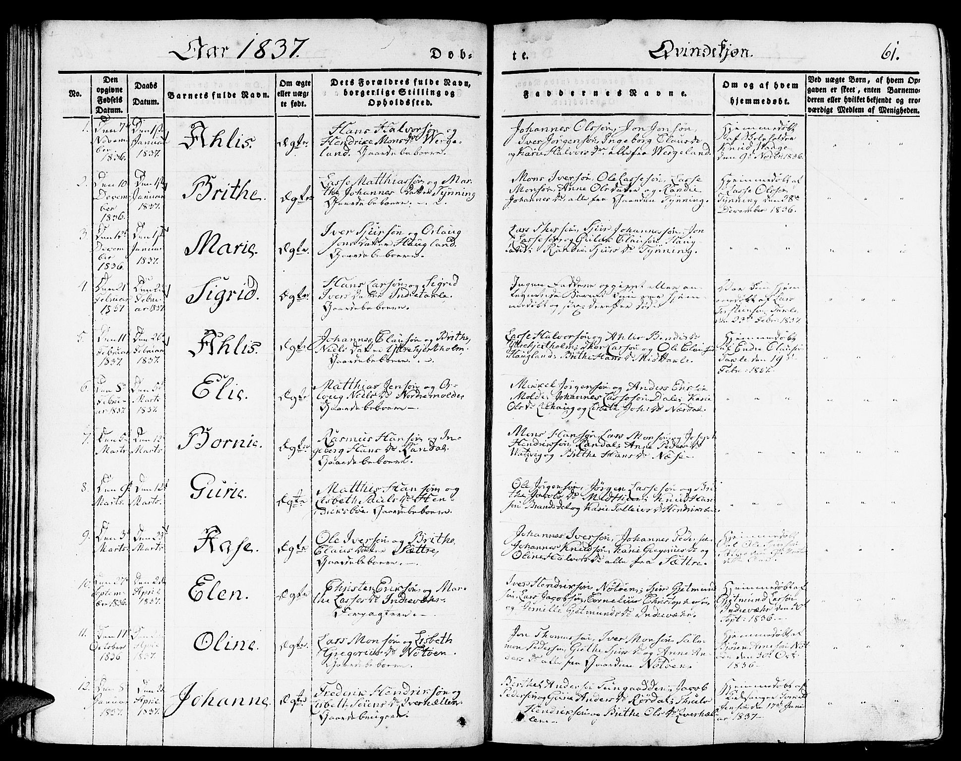 Gulen sokneprestembete, AV/SAB-A-80201/H/Haa/Haaa/L0020: Parish register (official) no. A 20, 1837-1847, p. 61