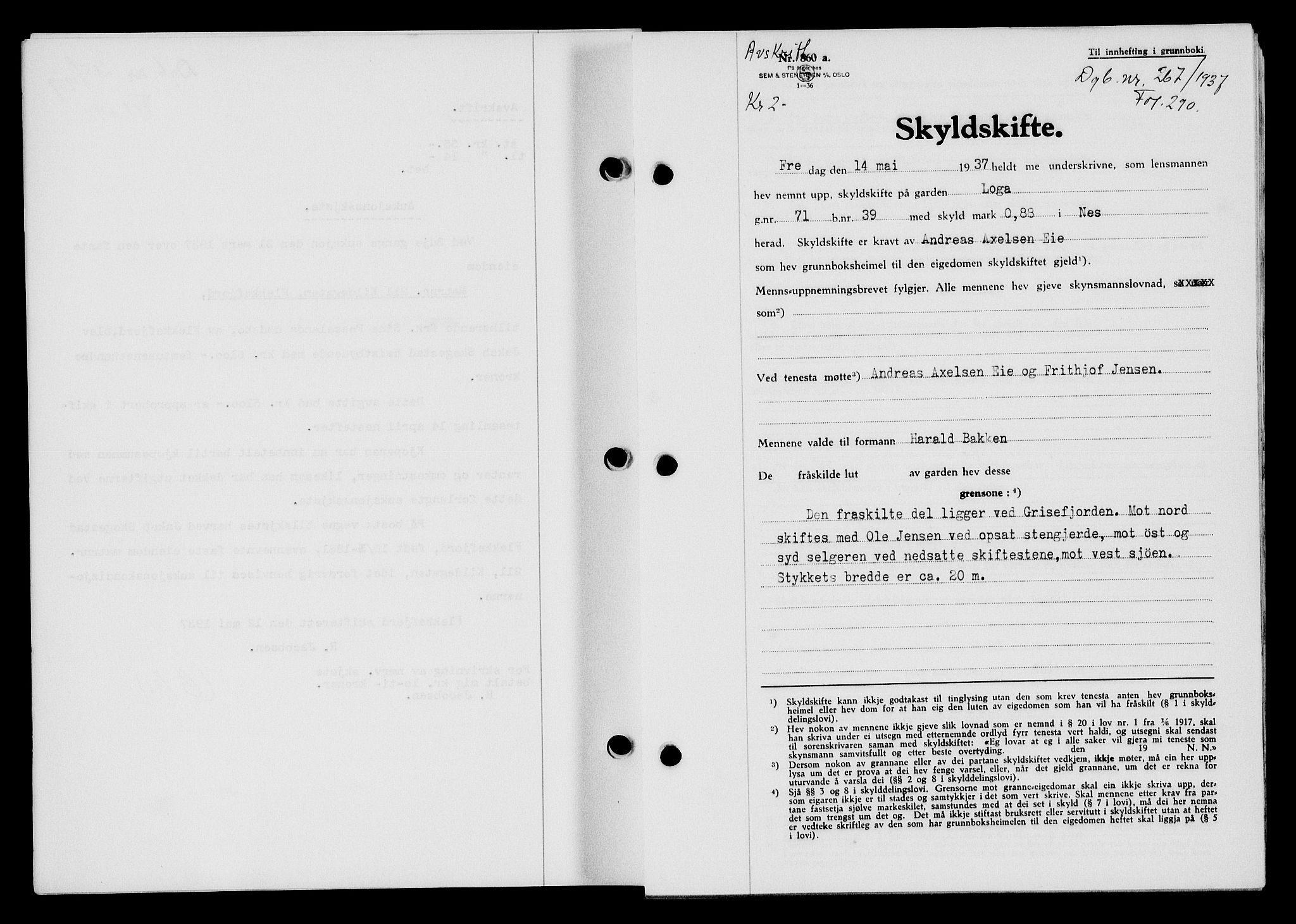 Flekkefjord sorenskriveri, SAK/1221-0001/G/Gb/Gba/L0053: Mortgage book no. A-1, 1936-1937, Diary no: : 267/1937