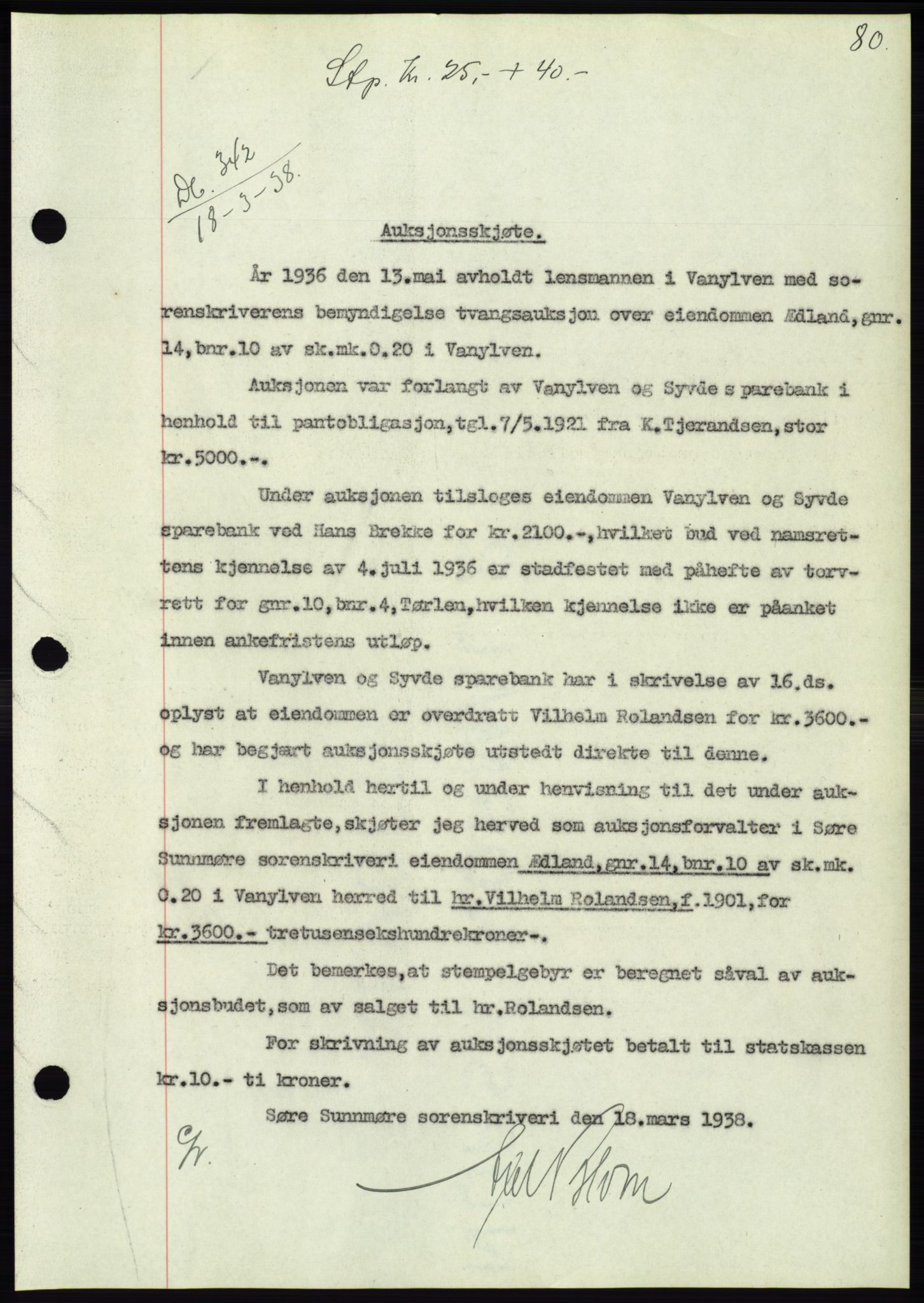 Søre Sunnmøre sorenskriveri, AV/SAT-A-4122/1/2/2C/L0065: Mortgage book no. 59, 1938-1938, Diary no: : 342/1938