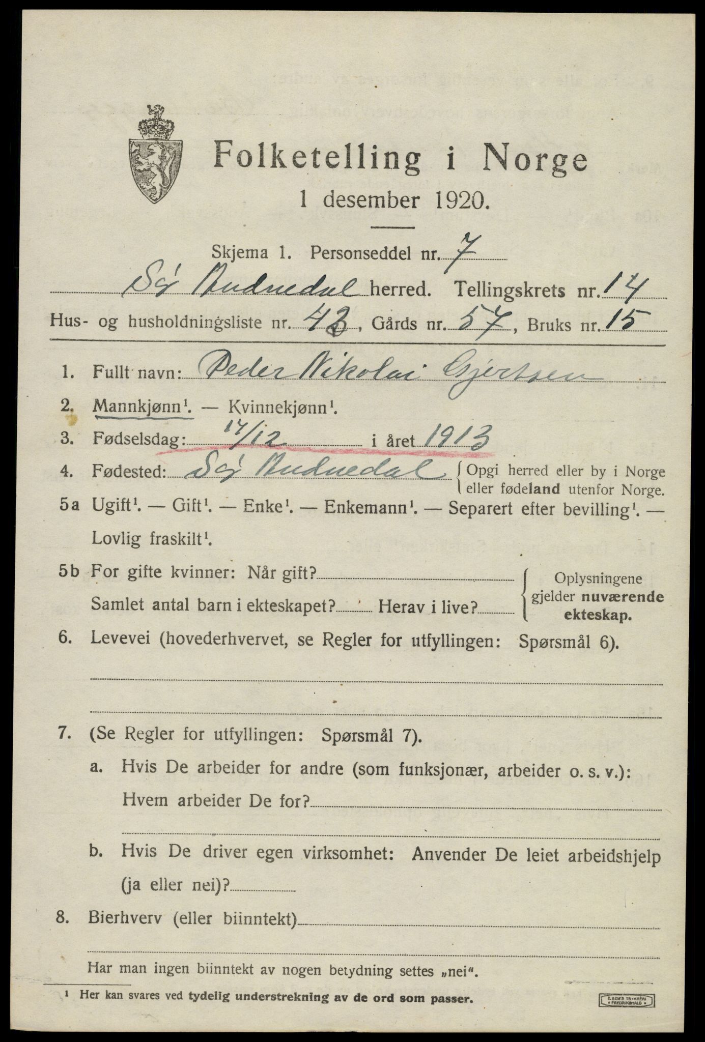 SAK, 1920 census for Sør-Audnedal, 1920, p. 5591