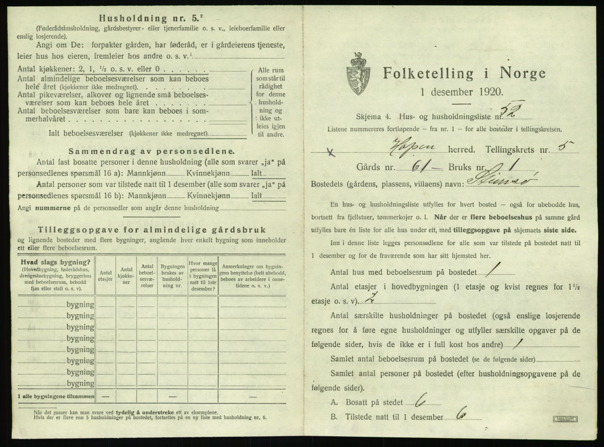 SAT, 1920 census for Hopen, 1920, p. 458