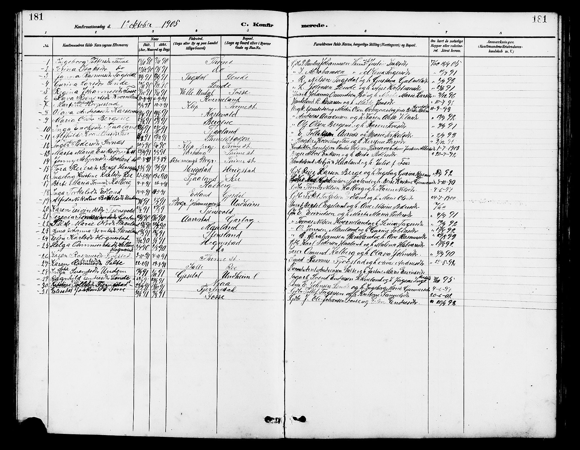 Lye sokneprestkontor, AV/SAST-A-101794/001/30BB/L0007: Parish register (copy) no. B 8, 1889-1909, p. 181