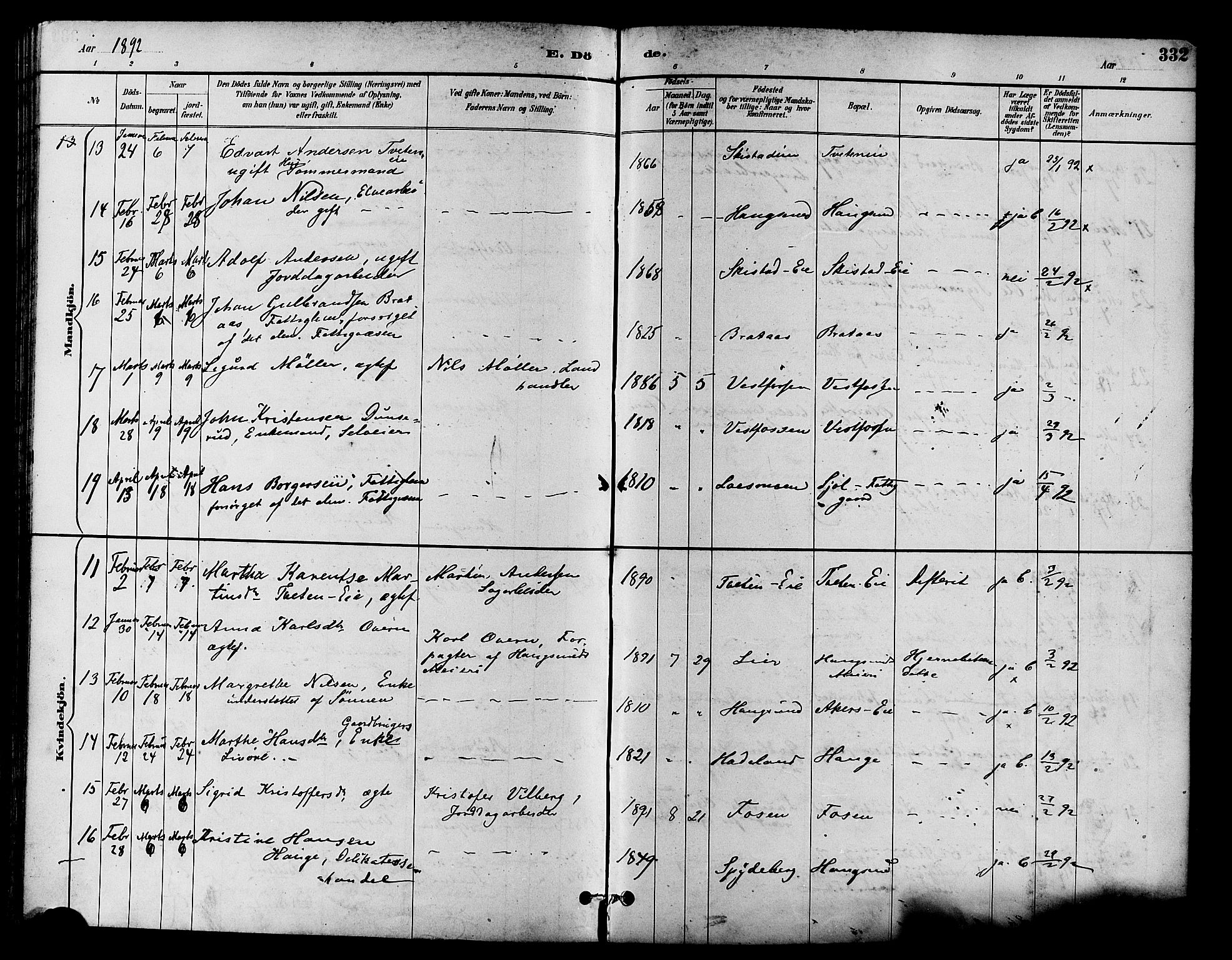 Eiker kirkebøker, AV/SAKO-A-4/F/Fb/L0002: Parish register (official) no. II 2, 1889-1896, p. 332