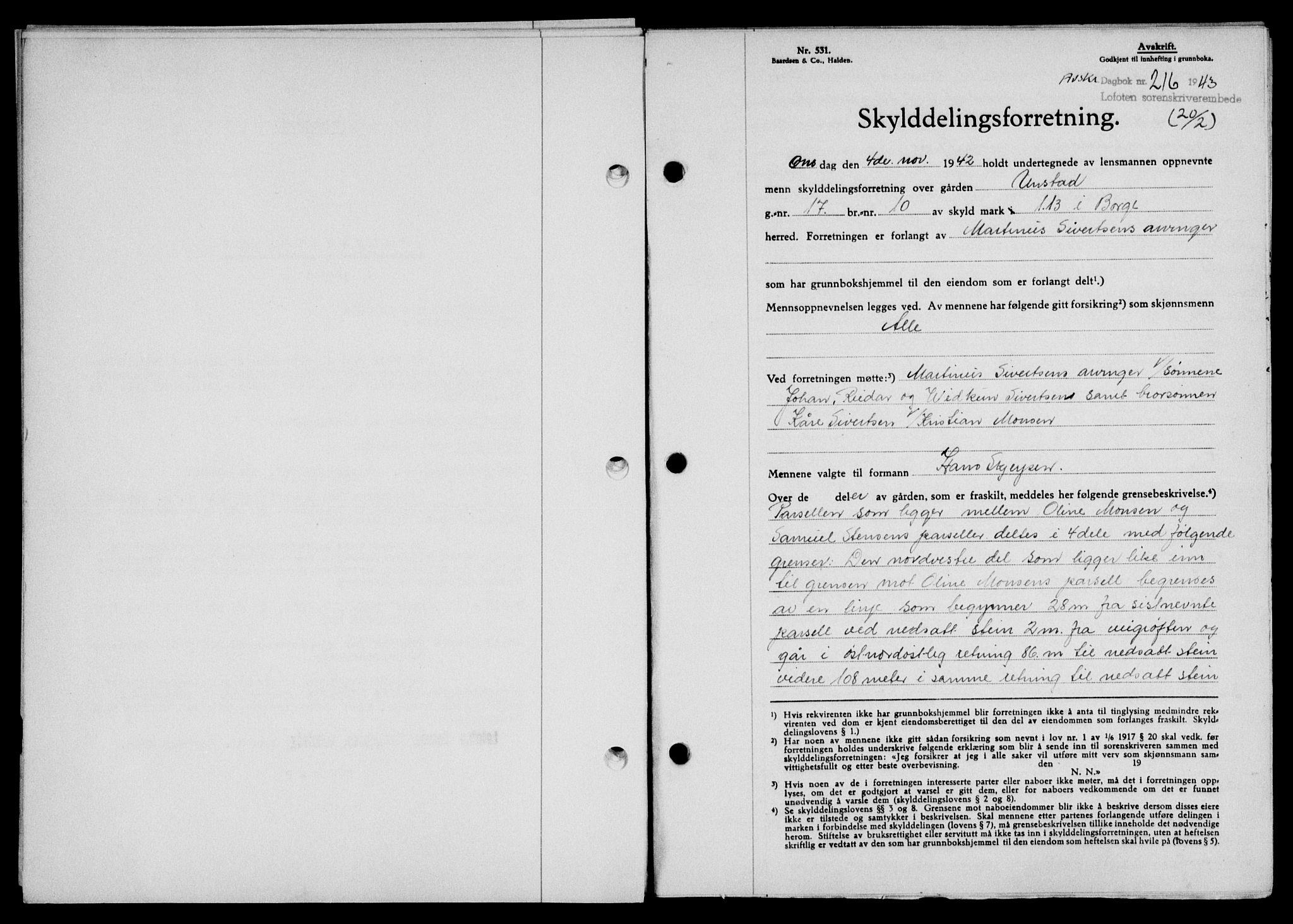 Lofoten sorenskriveri, SAT/A-0017/1/2/2C/L0011a: Mortgage book no. 11a, 1943-1943, Diary no: : 216/1943