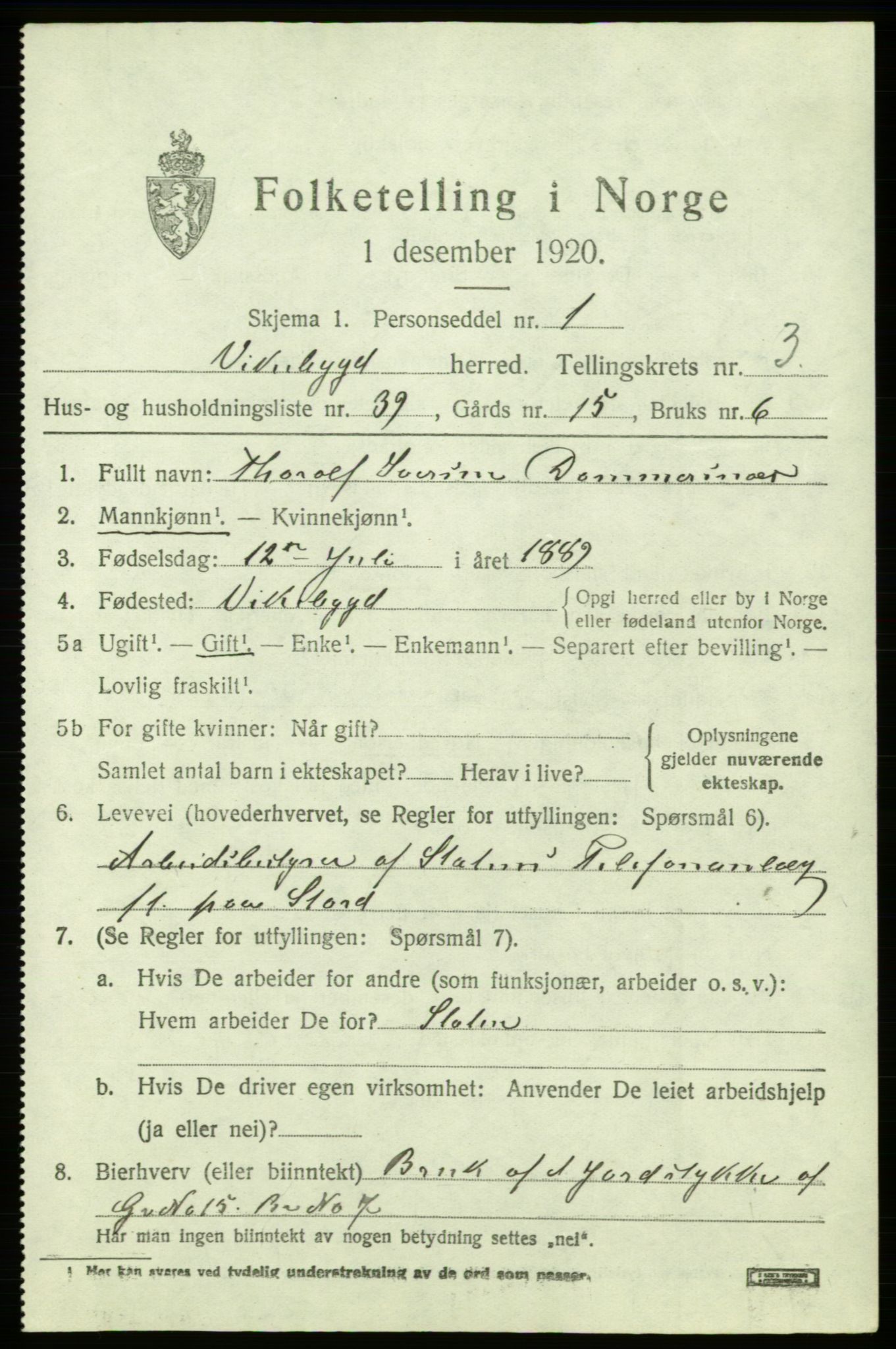 SAB, 1920 census for Vikebygd, 1920, p. 1543