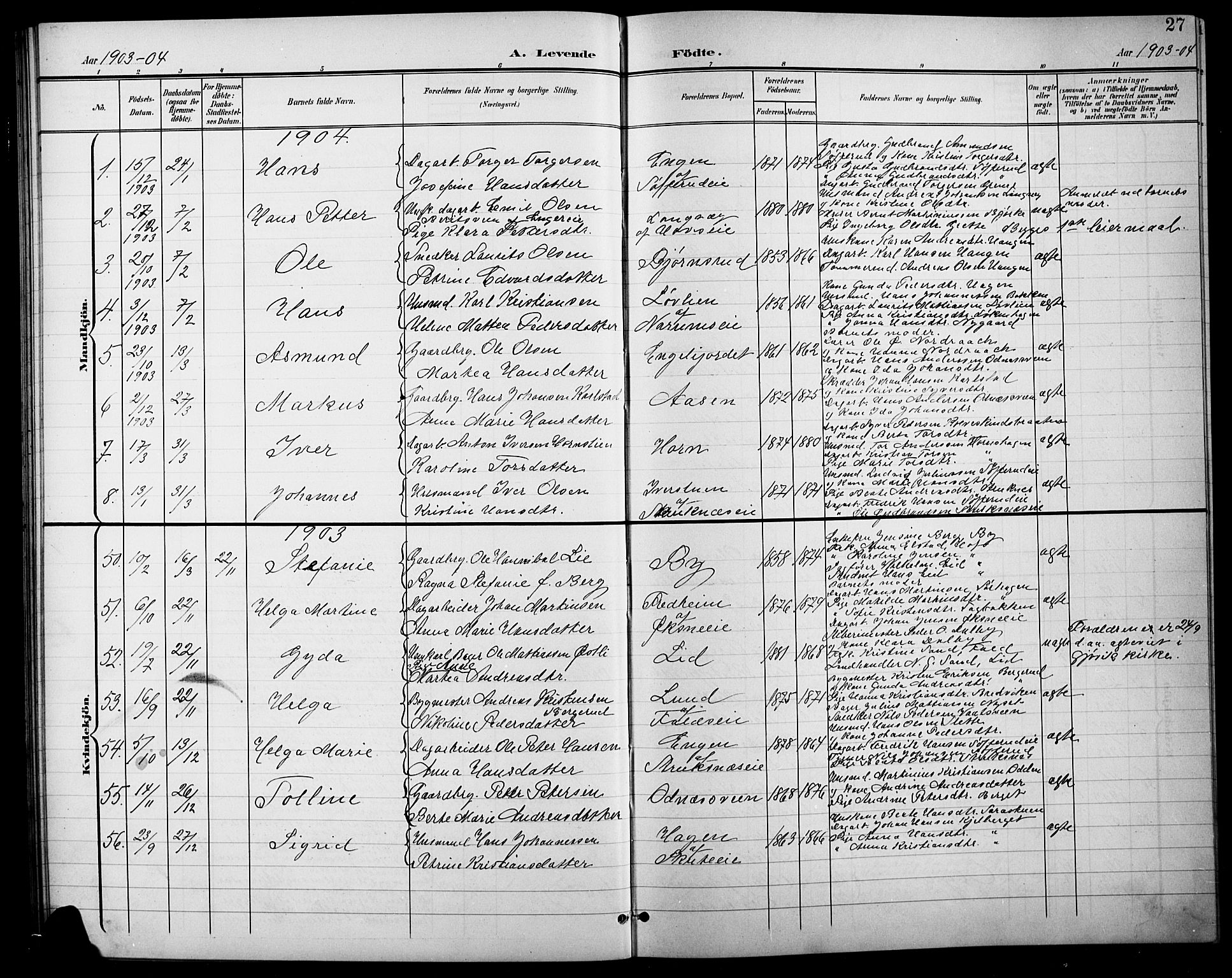 Søndre Land prestekontor, AV/SAH-PREST-122/L/L0004: Parish register (copy) no. 4, 1901-1915, p. 27