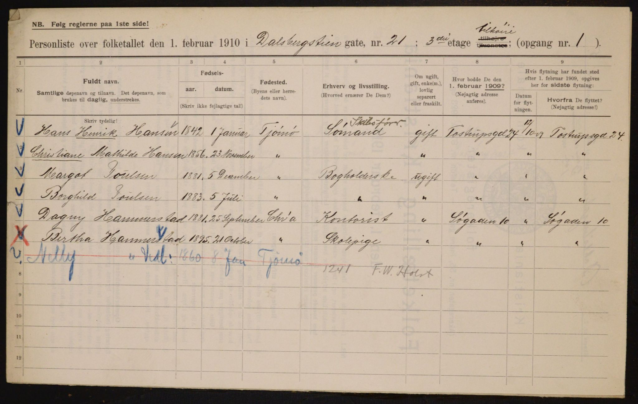 OBA, Municipal Census 1910 for Kristiania, 1910, p. 13755