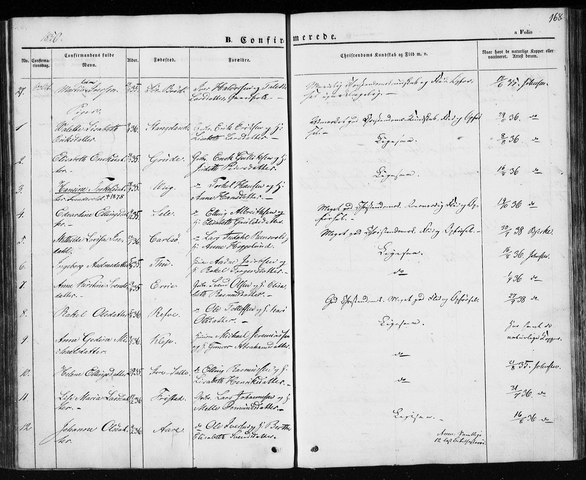 Klepp sokneprestkontor, AV/SAST-A-101803/001/3/30BA/L0004: Parish register (official) no. A 4, 1842-1852, p. 168