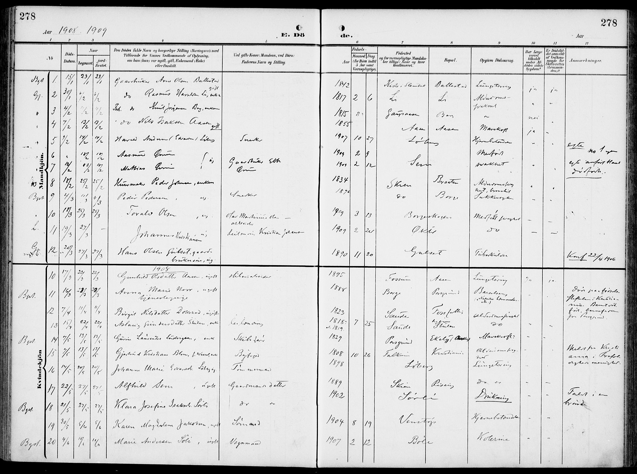 Gjerpen kirkebøker, SAKO/A-265/F/Fa/L0012: Parish register (official) no. I 12, 1905-1913, p. 278