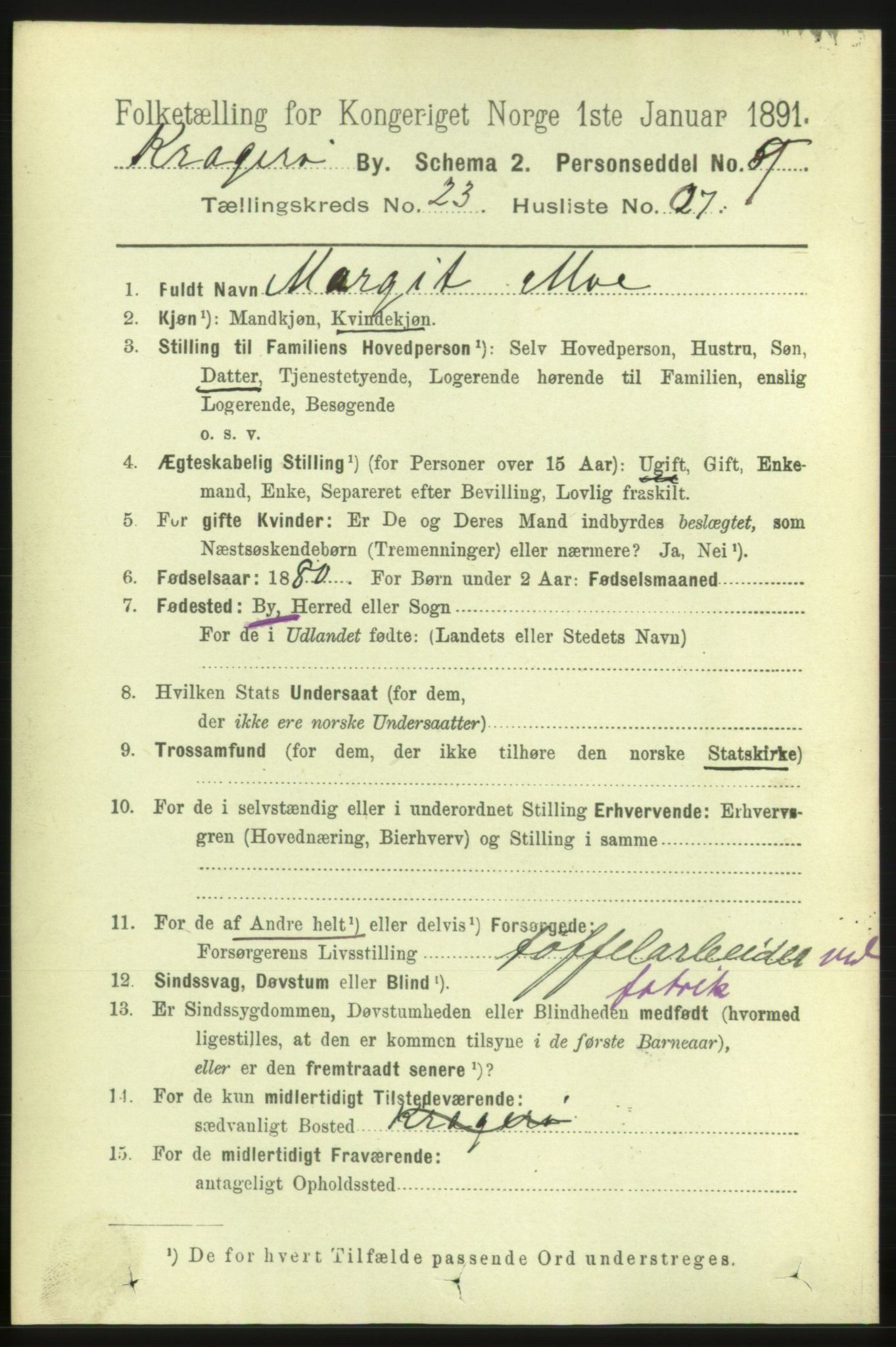 RA, 1891 census for 0801 Kragerø, 1891, p. 4970