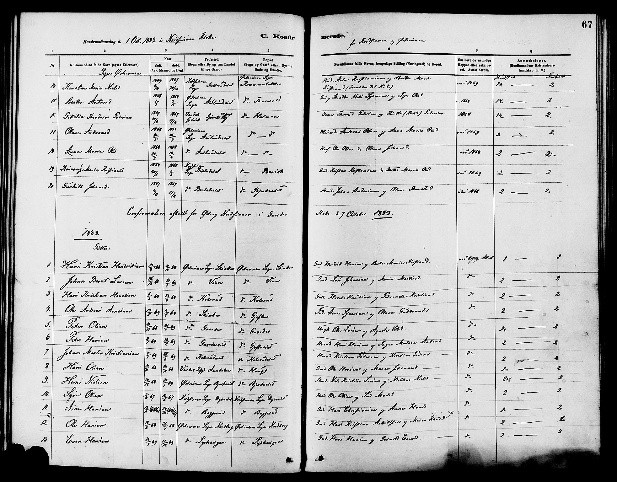 Nordre Land prestekontor, AV/SAH-PREST-124/H/Ha/Haa/L0003: Parish register (official) no. 3, 1882-1896, p. 67