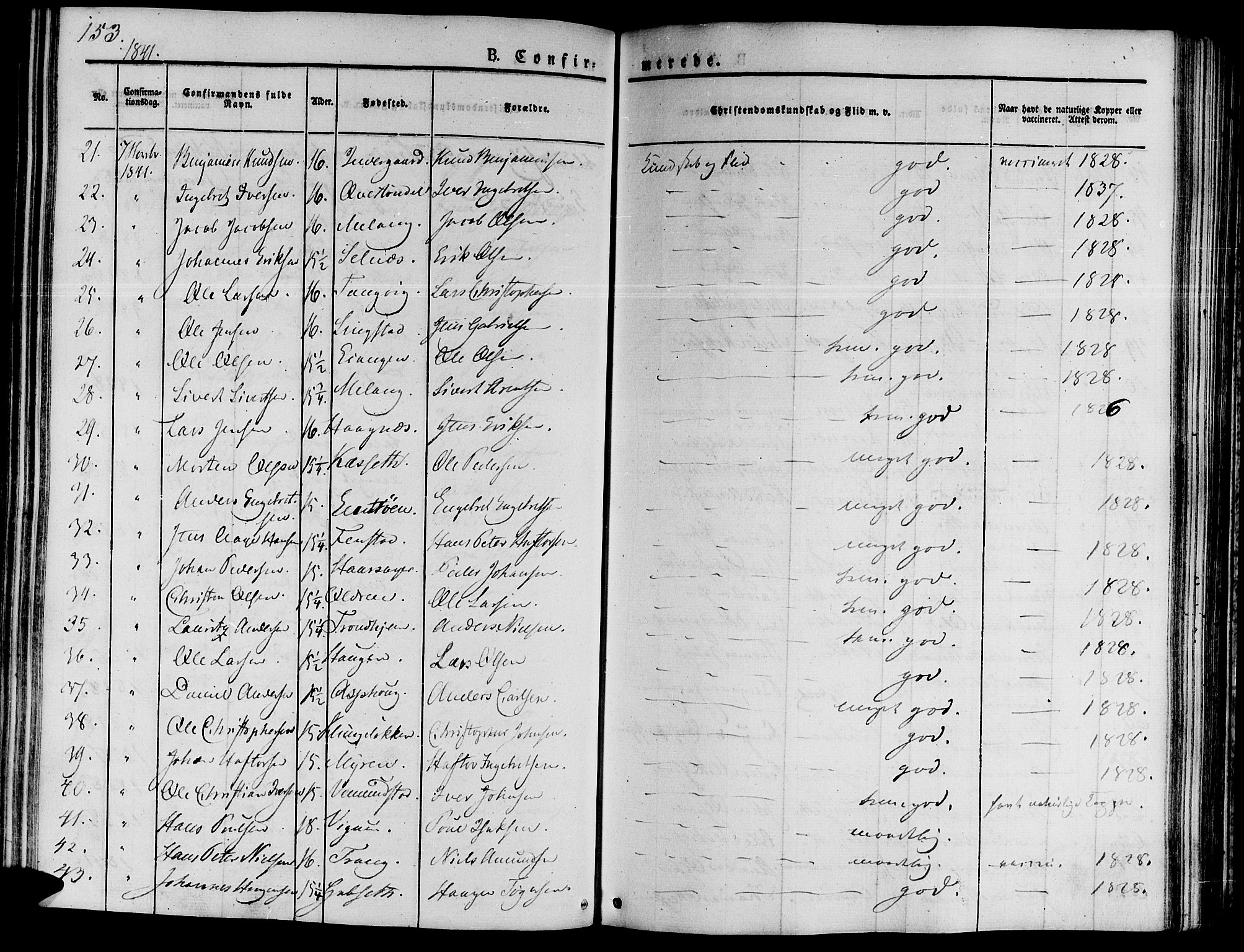 Ministerialprotokoller, klokkerbøker og fødselsregistre - Sør-Trøndelag, AV/SAT-A-1456/646/L0610: Parish register (official) no. 646A08, 1837-1847, p. 153