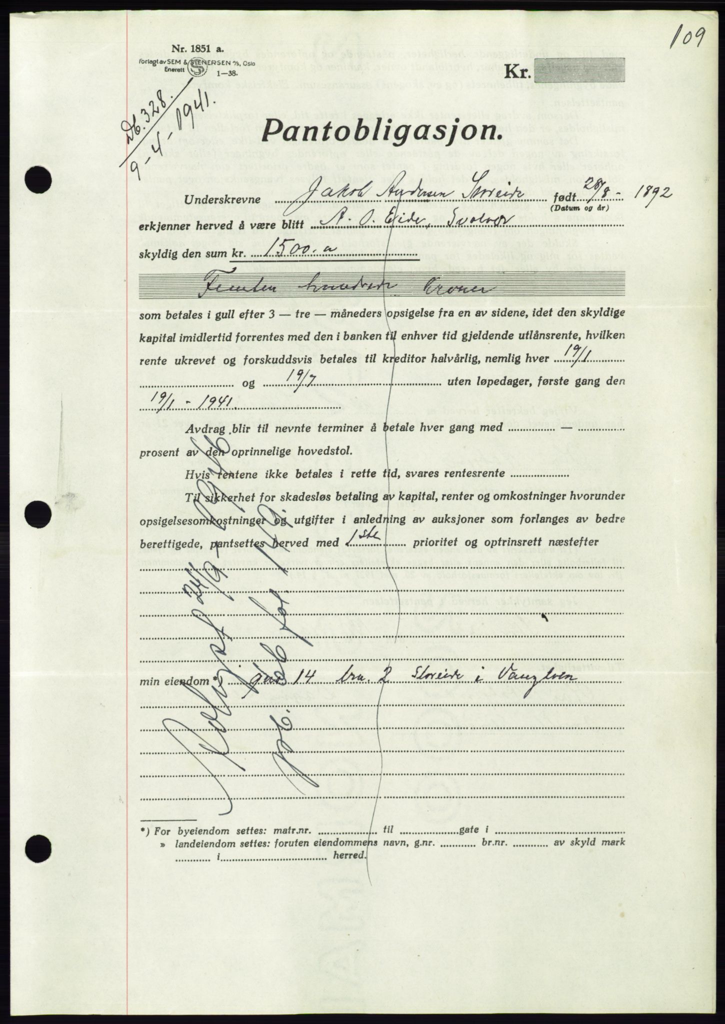 Søre Sunnmøre sorenskriveri, AV/SAT-A-4122/1/2/2C/L0071: Mortgage book no. 65, 1941-1941, Diary no: : 328/1941