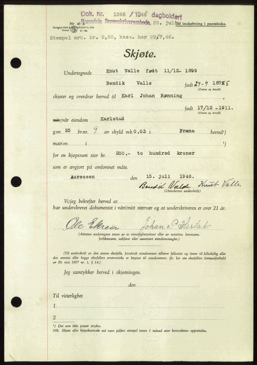 Romsdal sorenskriveri, AV/SAT-A-4149/1/2/2C: Mortgage book no. A20, 1946-1946, Diary no: : 1395/1946