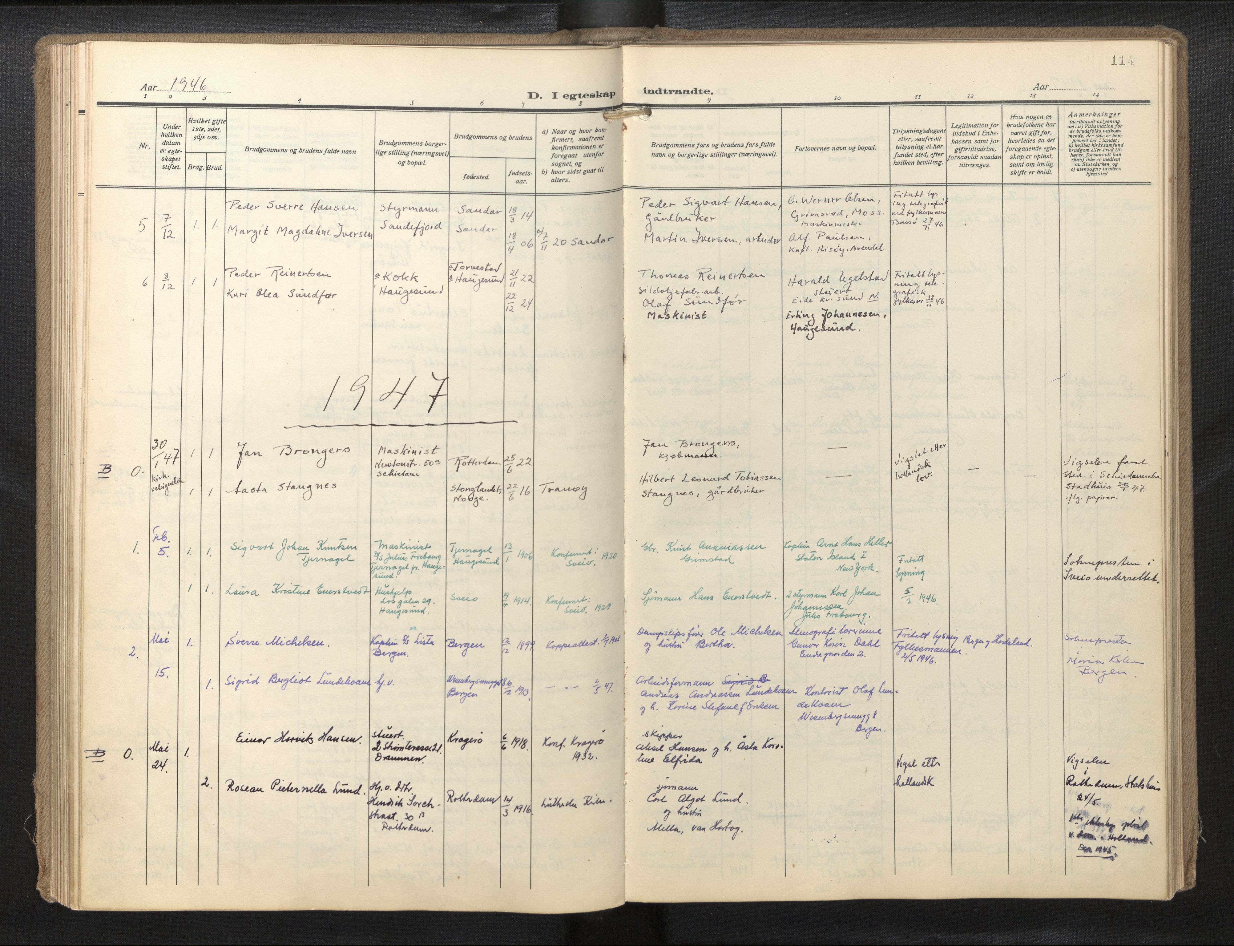 Den norske sjømannsmisjon i utlandet/Hollandske havner (Amsterdam-Rotterdam-Europort), SAB/SAB/PA-0106/H/Ha/Haa/L0004: Parish register (official) no. A 1, 1928-1956, p. 113b-114a