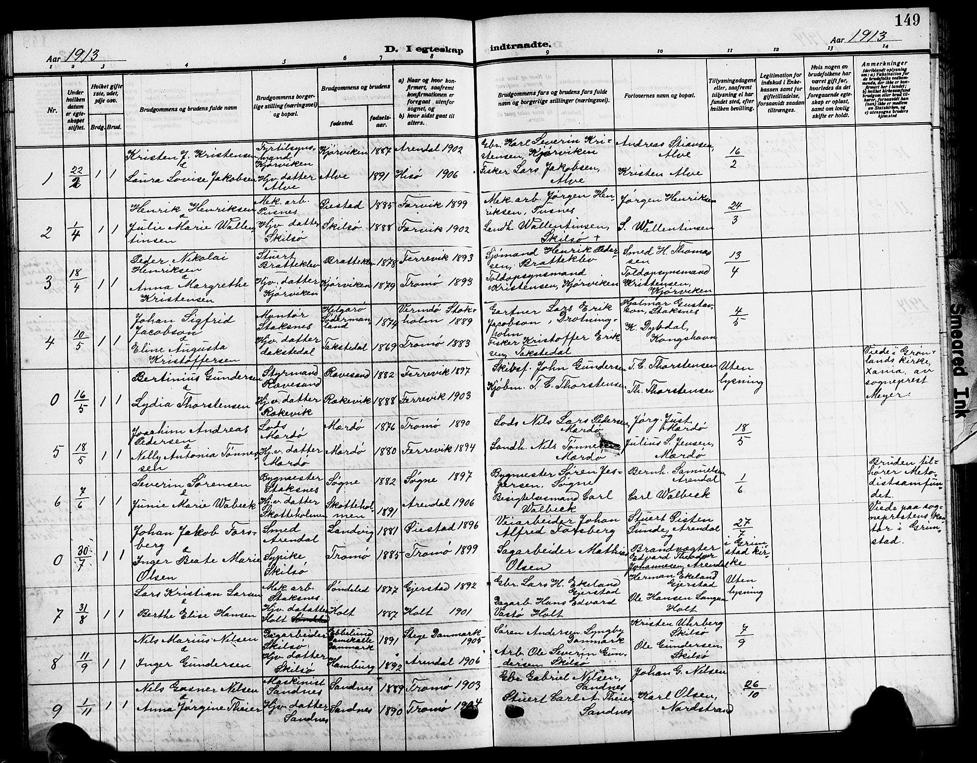 Tromøy sokneprestkontor, AV/SAK-1111-0041/F/Fb/L0007: Parish register (copy) no. B 7, 1908-1925, p. 149