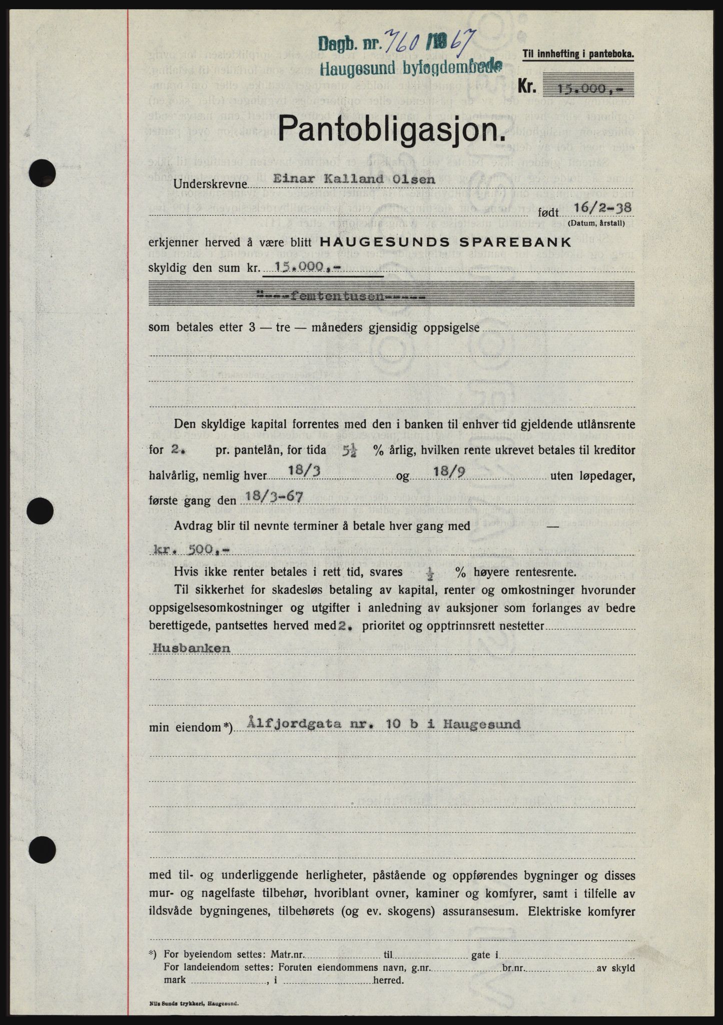 Haugesund tingrett, SAST/A-101415/01/II/IIC/L0056: Mortgage book no. B 56, 1966-1967, Diary no: : 760/1967
