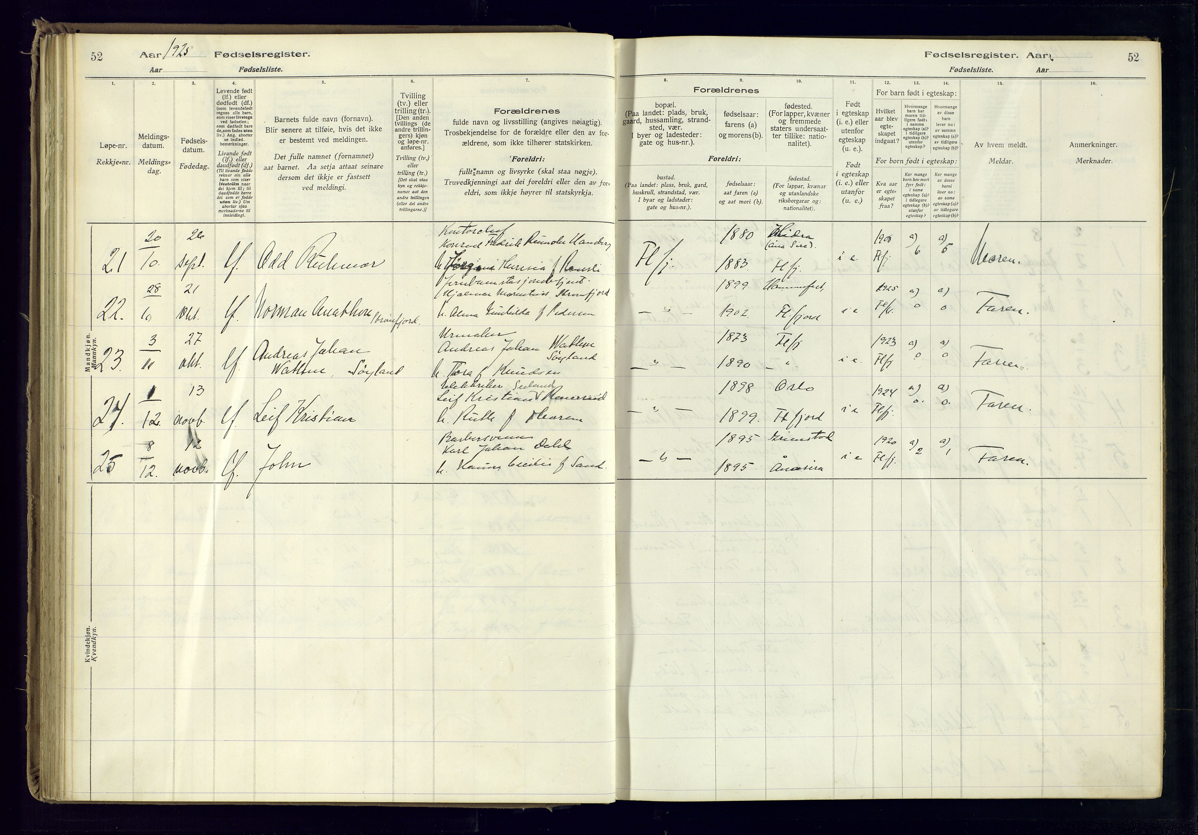 Flekkefjord sokneprestkontor, SAK/1111-0012/J/Ja/L0001: Birth register no. 1, 1916-1948, p. 52