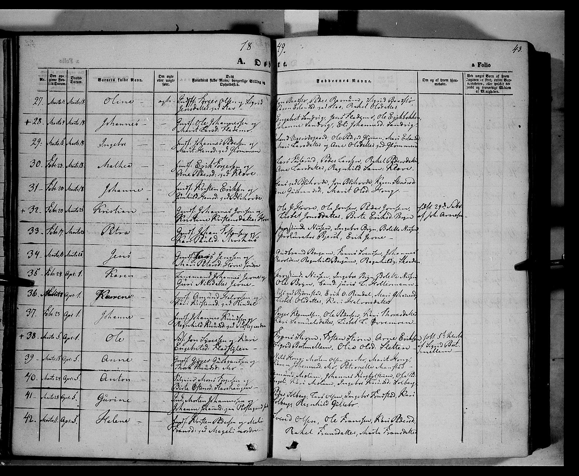 Øyer prestekontor, AV/SAH-PREST-084/H/Ha/Haa/L0005: Parish register (official) no. 5, 1842-1857, p. 43