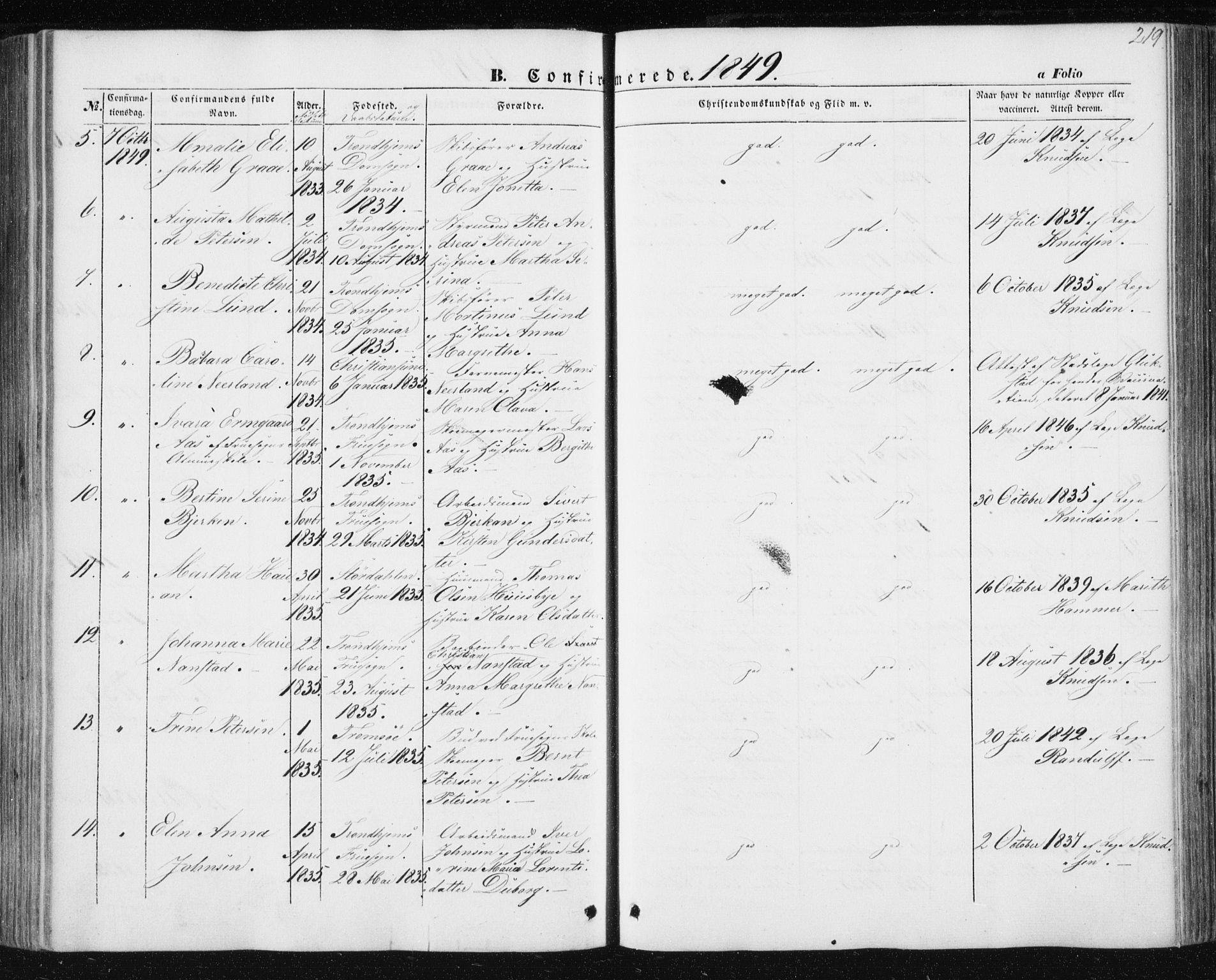 Ministerialprotokoller, klokkerbøker og fødselsregistre - Sør-Trøndelag, AV/SAT-A-1456/602/L0112: Parish register (official) no. 602A10, 1848-1859, p. 219