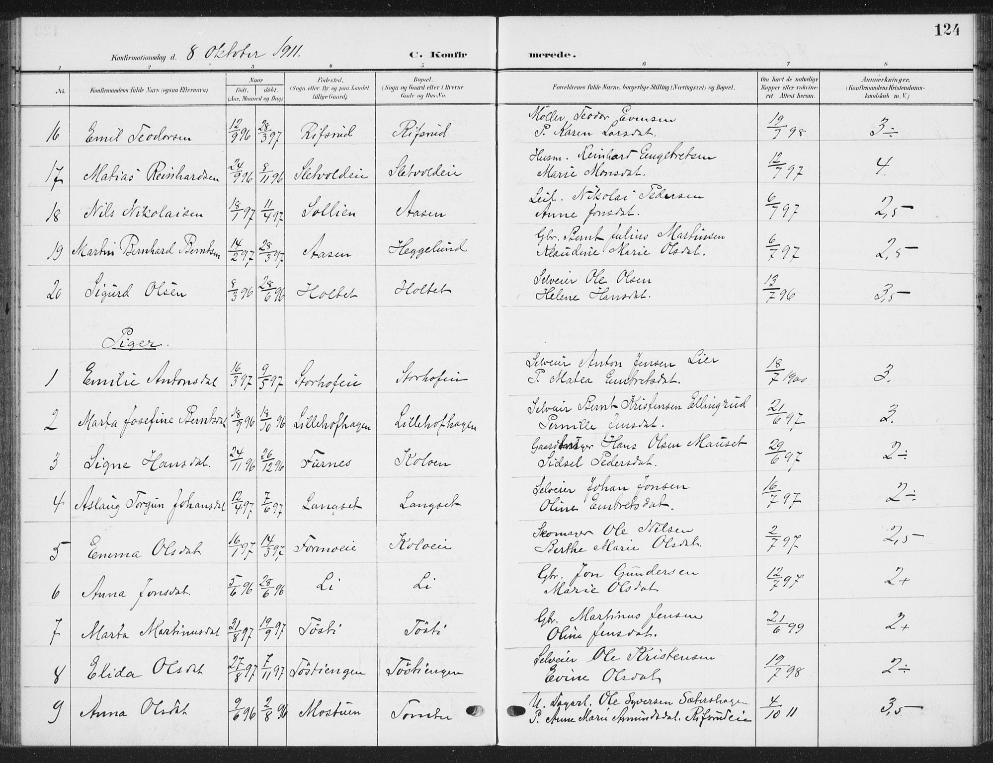 Romedal prestekontor, AV/SAH-PREST-004/K/L0009: Parish register (official) no. 9, 1906-1929, p. 124