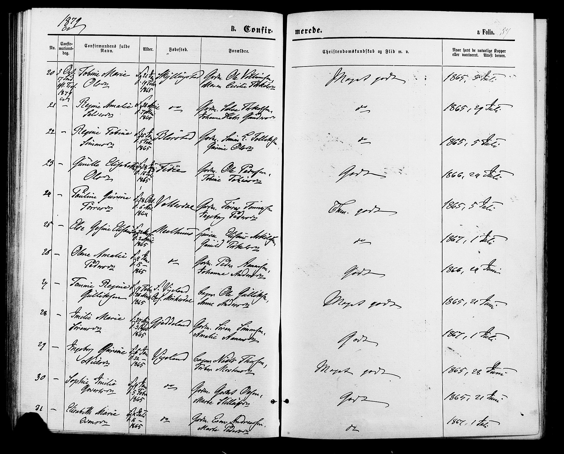 Sør-Audnedal sokneprestkontor, SAK/1111-0039/F/Fa/Fab/L0008: Parish register (official) no. A 8, 1876-1881, p. 57