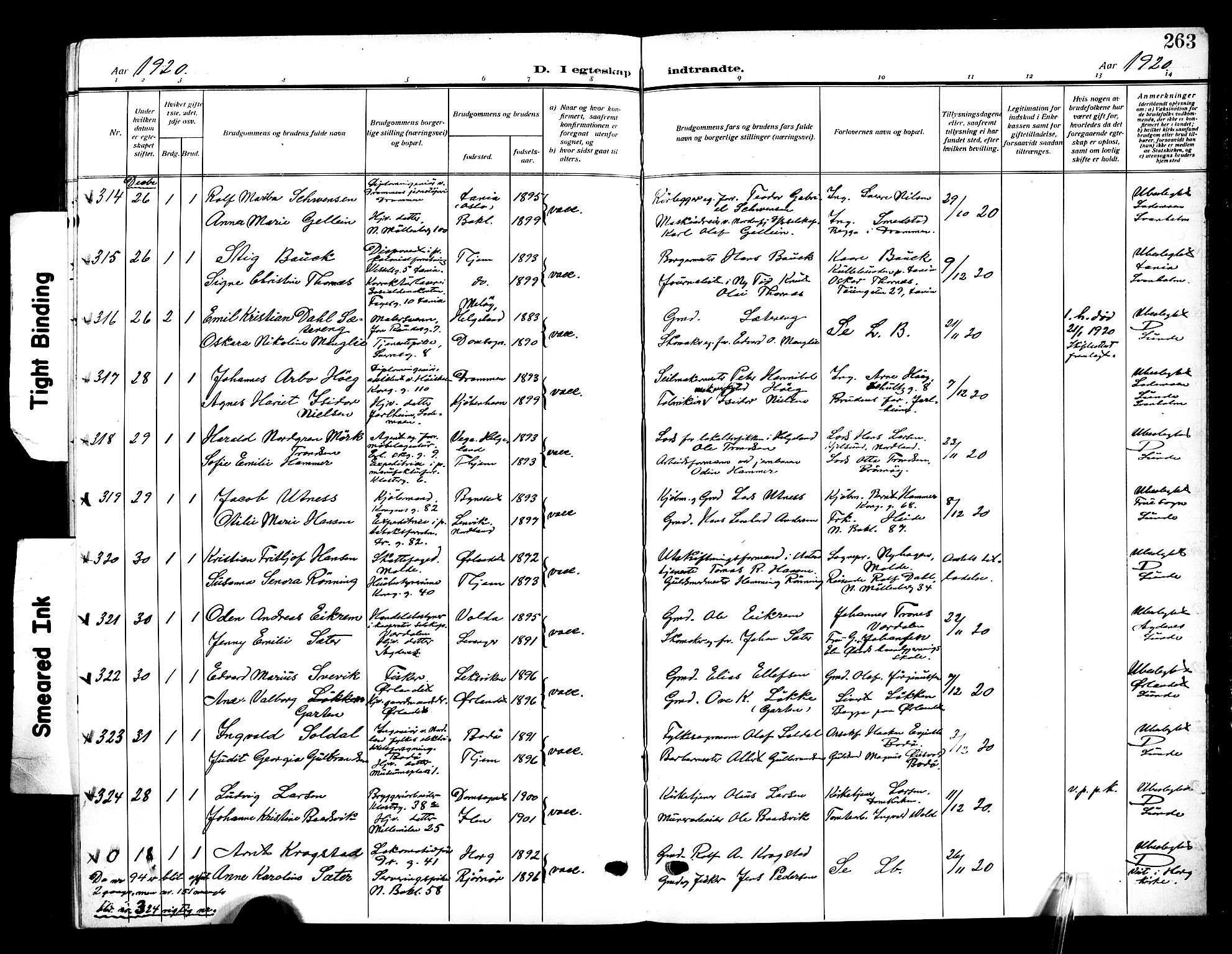 Ministerialprotokoller, klokkerbøker og fødselsregistre - Sør-Trøndelag, SAT/A-1456/601/L0097: Parish register (copy) no. 601C15, 1911-1921, p. 263