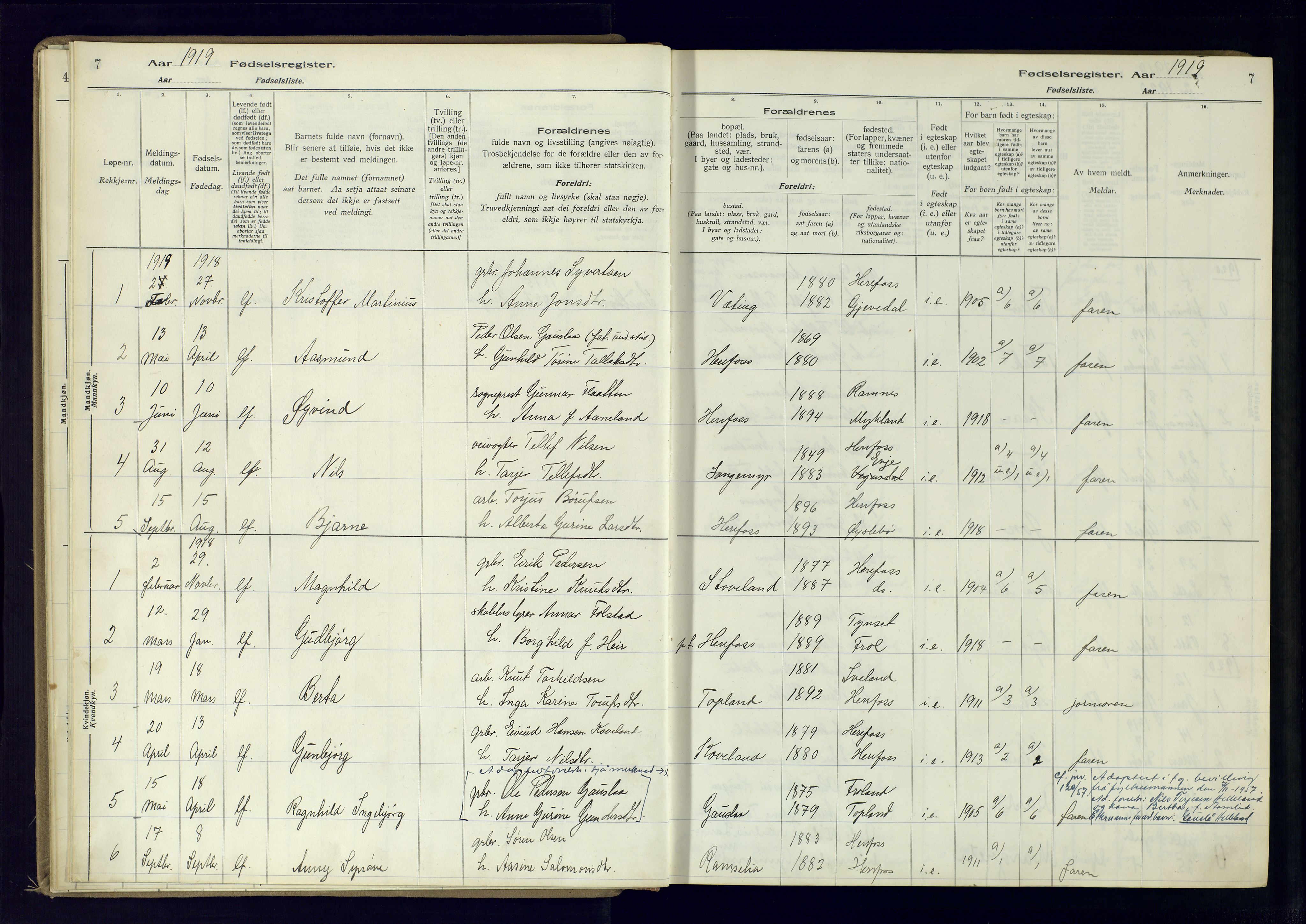 Herefoss sokneprestkontor, AV/SAK-1111-0019/J/Ja/L0001: Birth register no. II.6.10, 1916-1982, p. 7