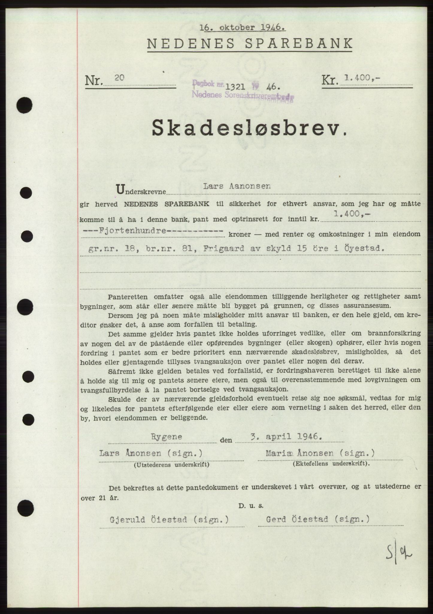 Nedenes sorenskriveri, AV/SAK-1221-0006/G/Gb/Gbb/L0003: Mortgage book no. B3b, 1946-1946, Diary no: : 1321/1946