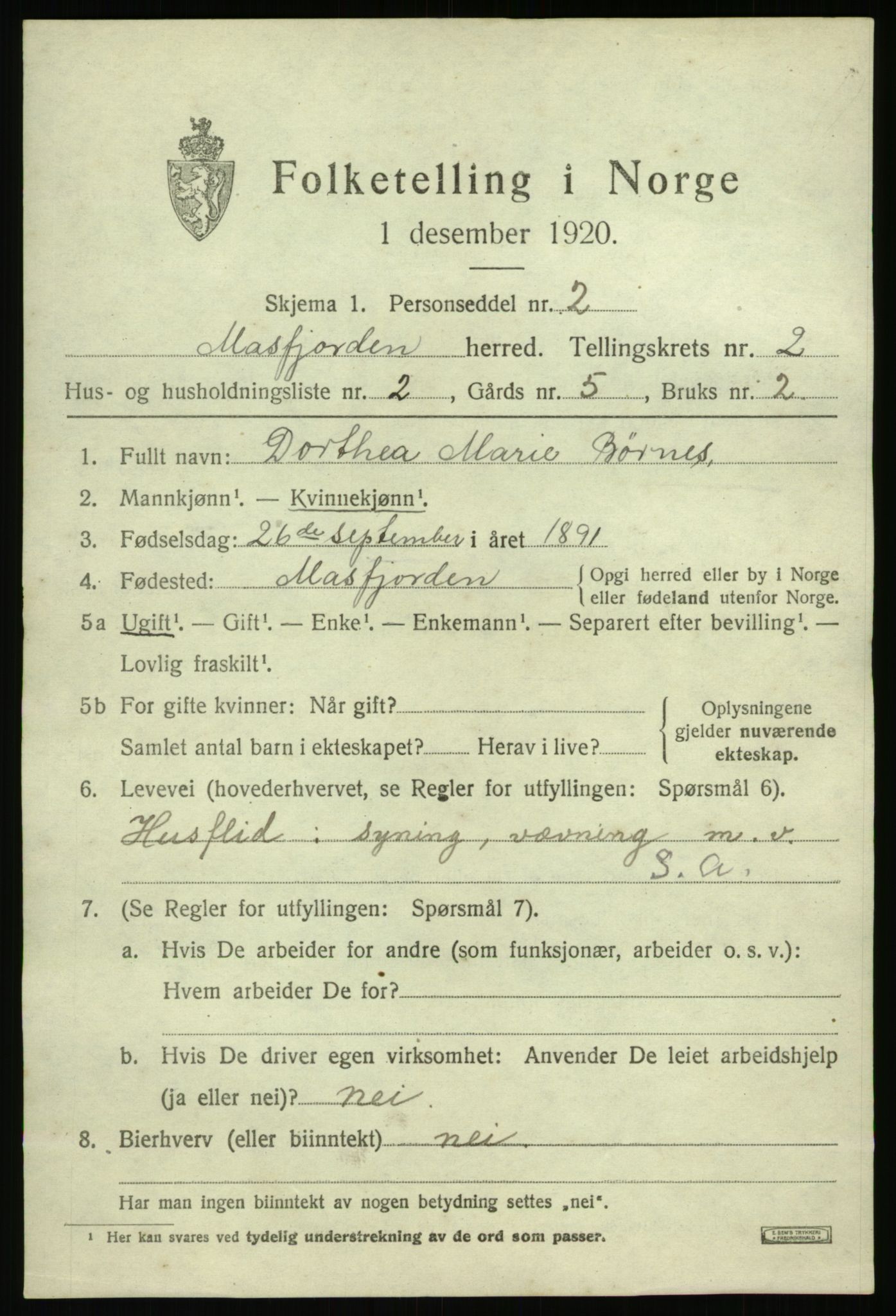 SAB, 1920 census for Masfjorden, 1920, p. 1019