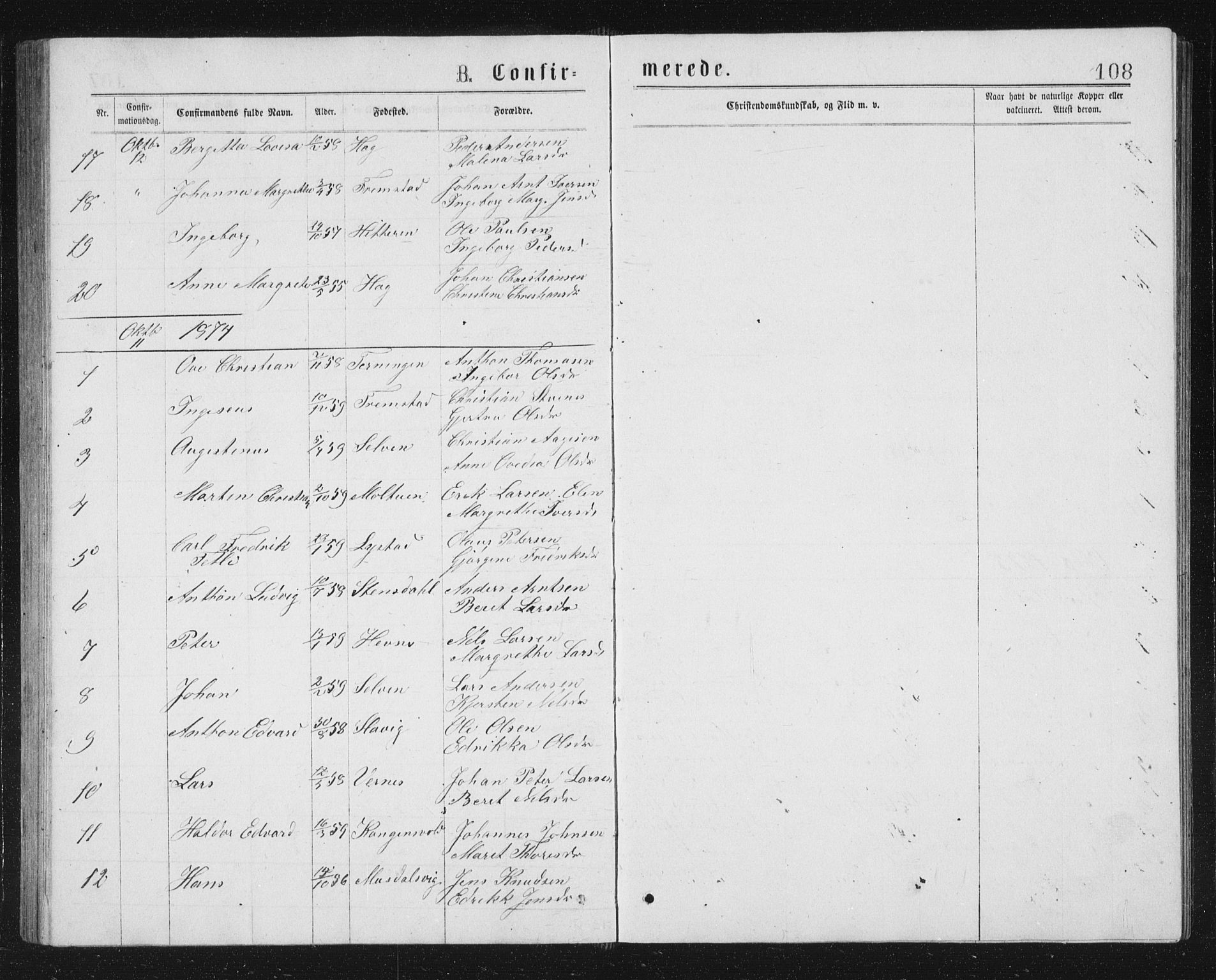 Ministerialprotokoller, klokkerbøker og fødselsregistre - Sør-Trøndelag, SAT/A-1456/662/L0756: Parish register (copy) no. 662C01, 1869-1891, p. 108