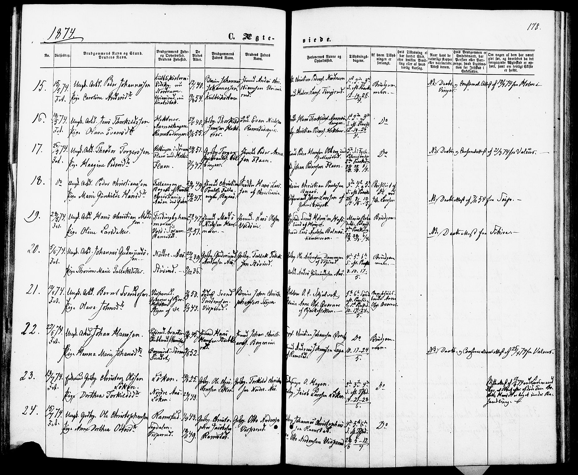 Fet prestekontor Kirkebøker, AV/SAO-A-10370a/F/Fa/L0013: Parish register (official) no. I 13, 1867-1877, p. 178