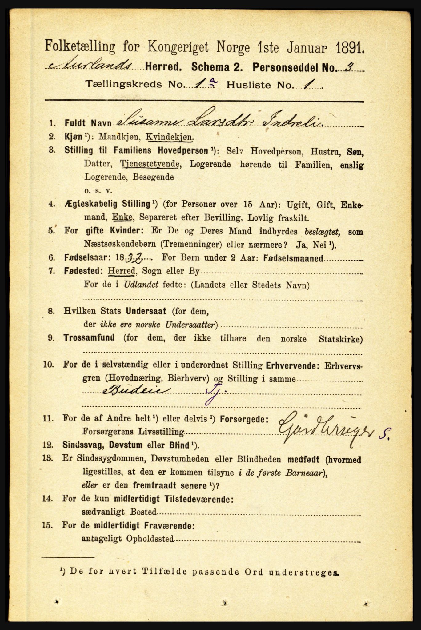 RA, 1891 census for 1421 Aurland, 1891, p. 37