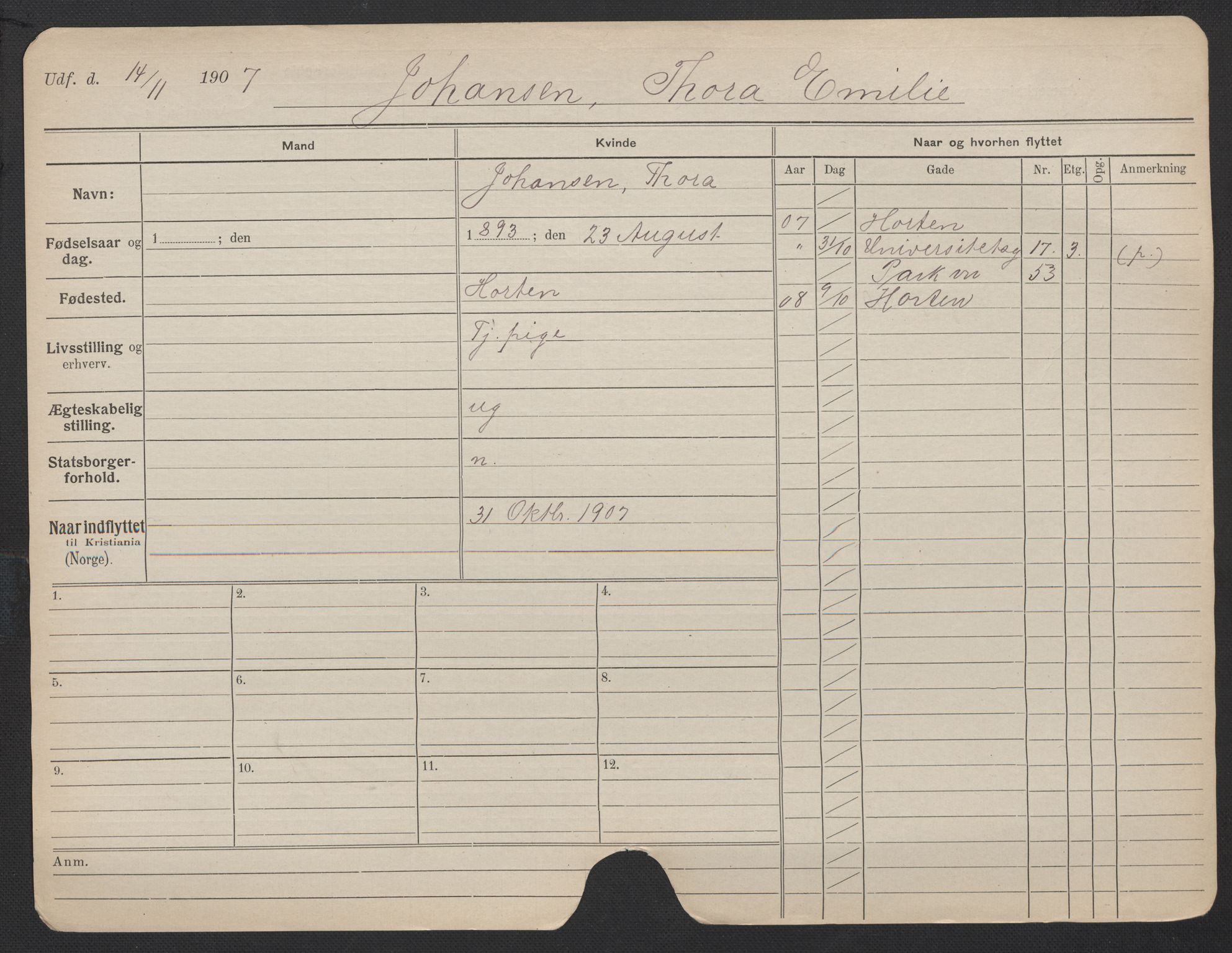 Oslo folkeregister, Registerkort, AV/SAO-A-11715/F/Fa/Fac/L0018: Kvinner, 1906-1914, p. 428a