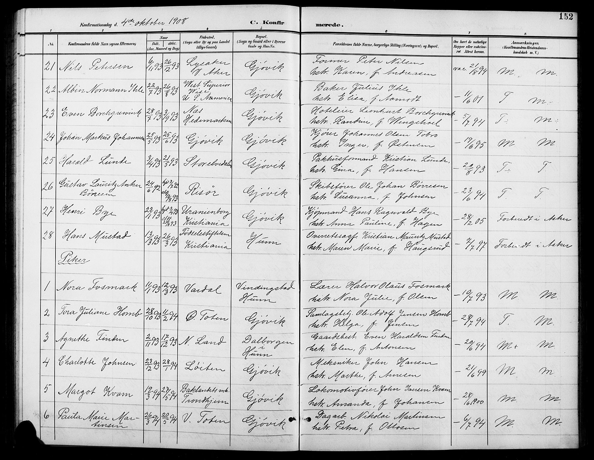 Vardal prestekontor, SAH/PREST-100/H/Ha/Hab/L0012: Parish register (copy) no. 12, 1902-1911, p. 152