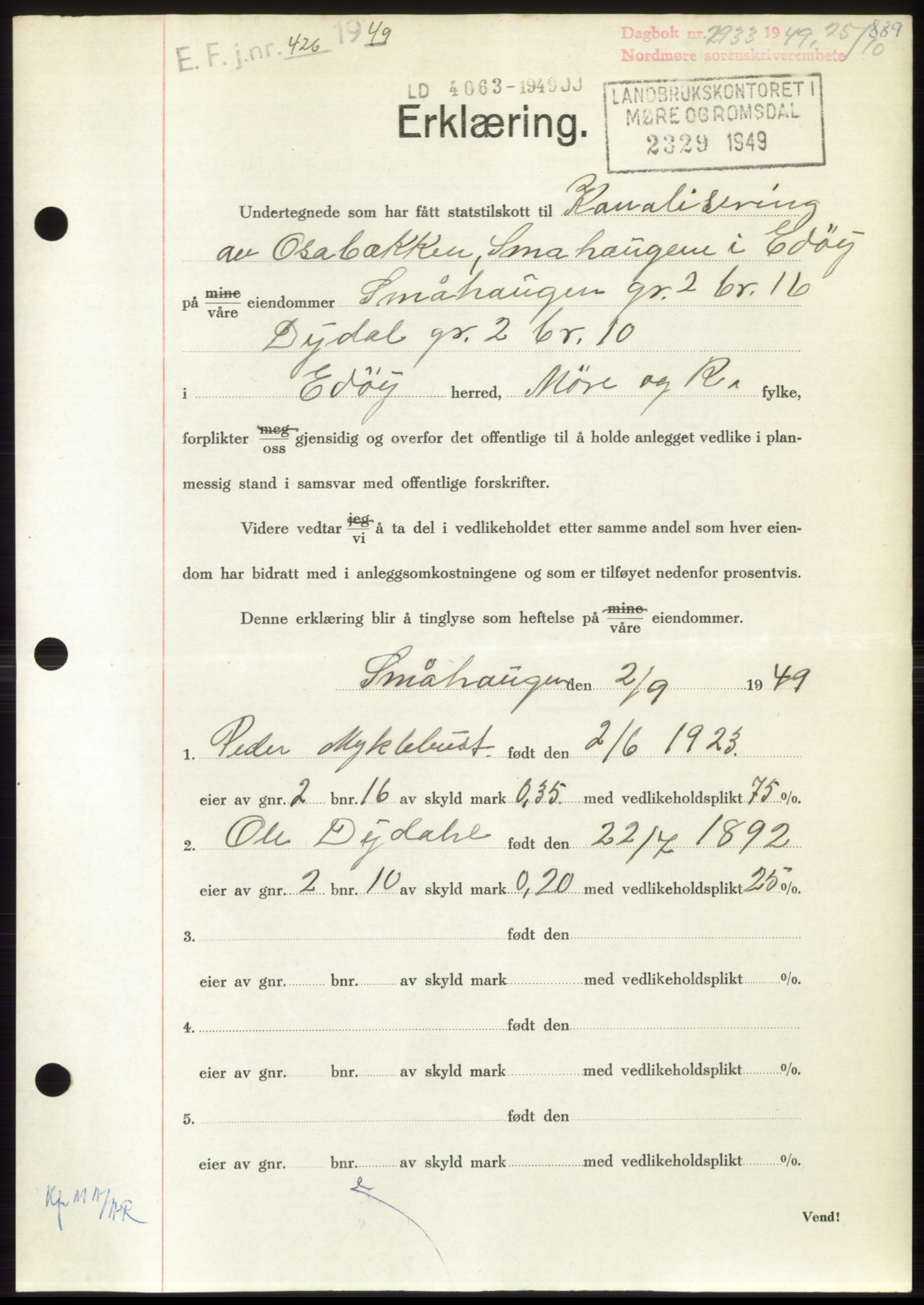 Nordmøre sorenskriveri, AV/SAT-A-4132/1/2/2Ca: Mortgage book no. B102, 1949-1949, Diary no: : 2933/1949