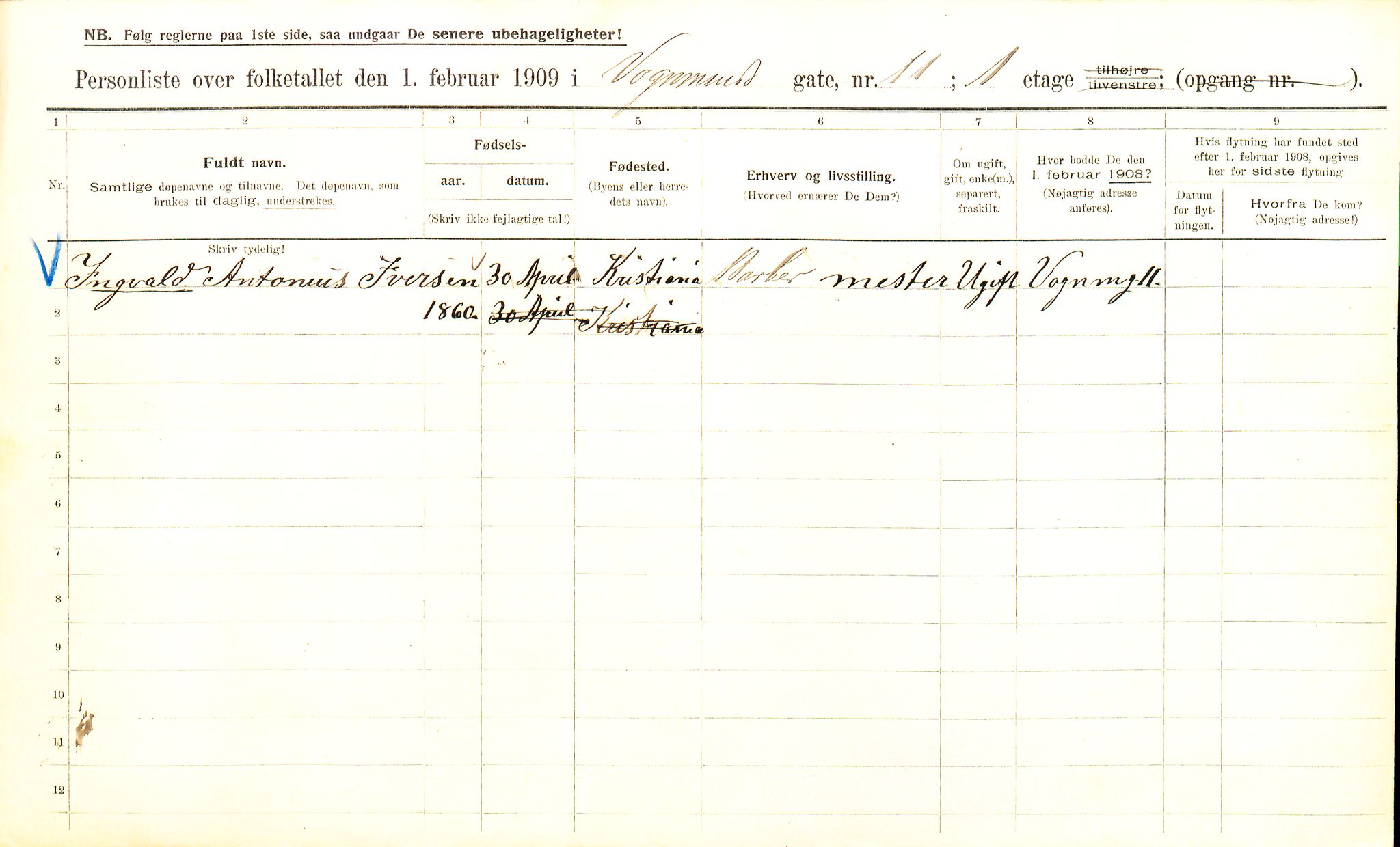 OBA, Municipal Census 1909 for Kristiania, 1909, p. 112630