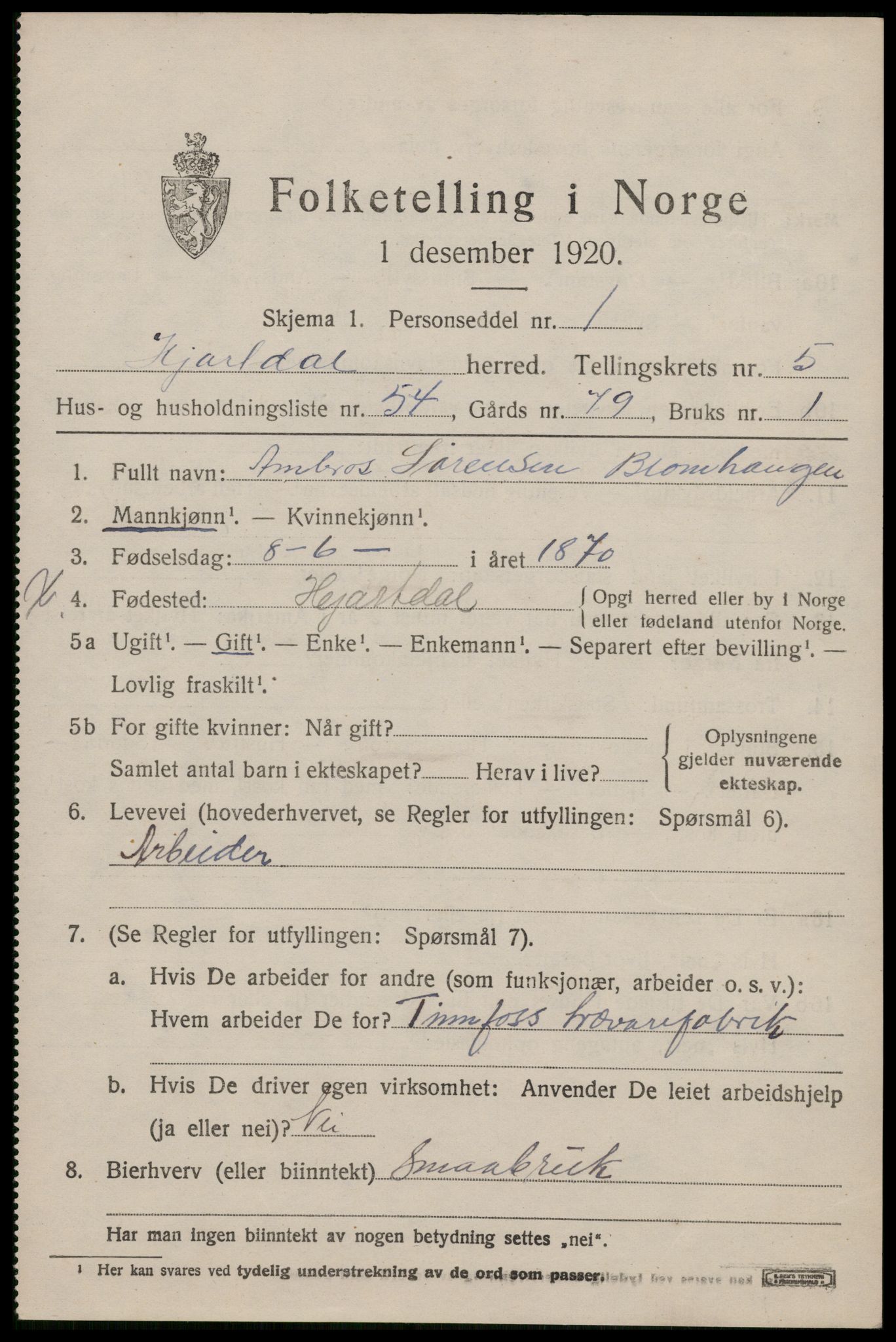 SAKO, 1920 census for Hjartdal, 1920, p. 4002