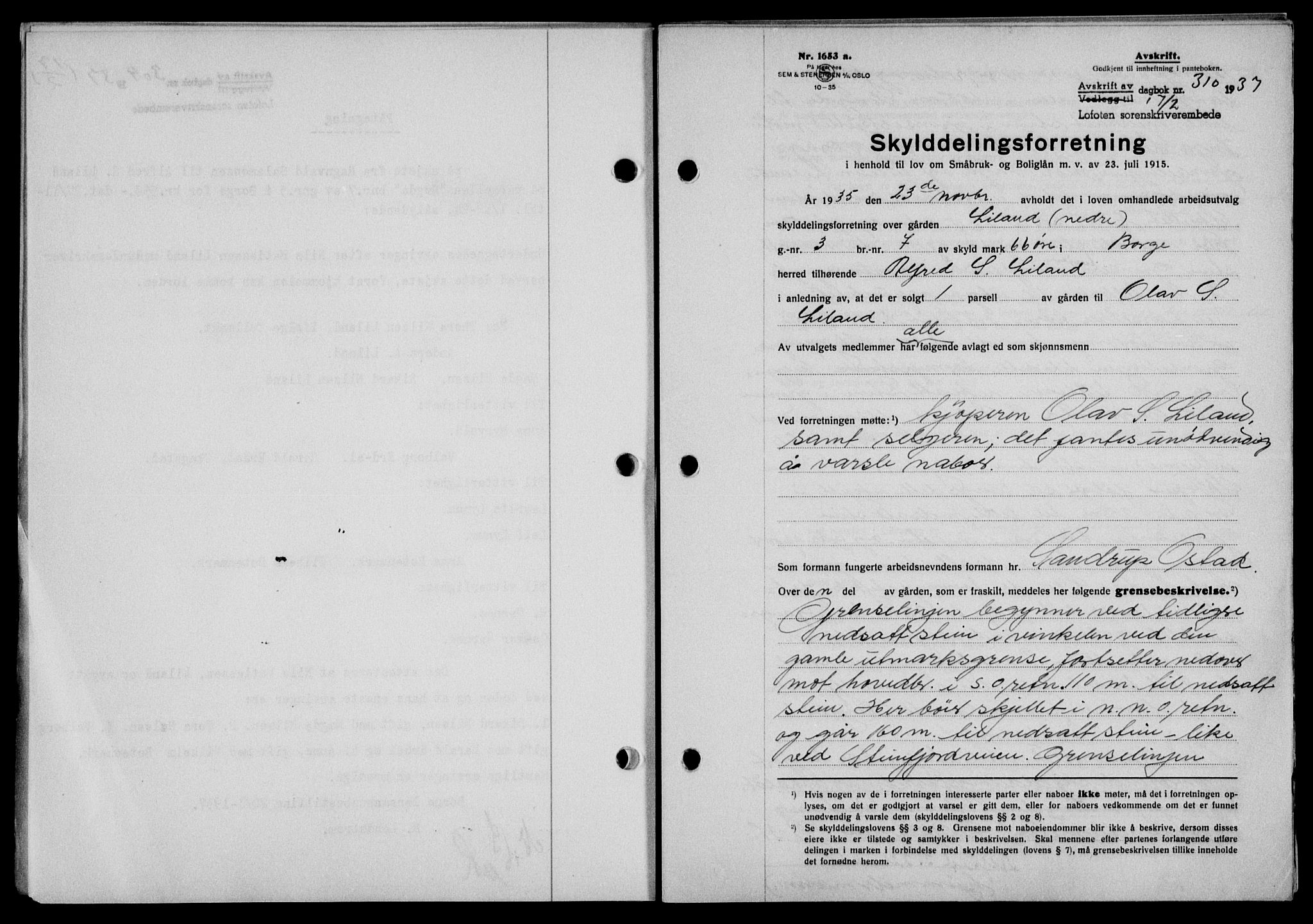 Lofoten sorenskriveri, SAT/A-0017/1/2/2C/L0001a: Mortgage book no. 1a, 1936-1937, Diary no: : 310/1937