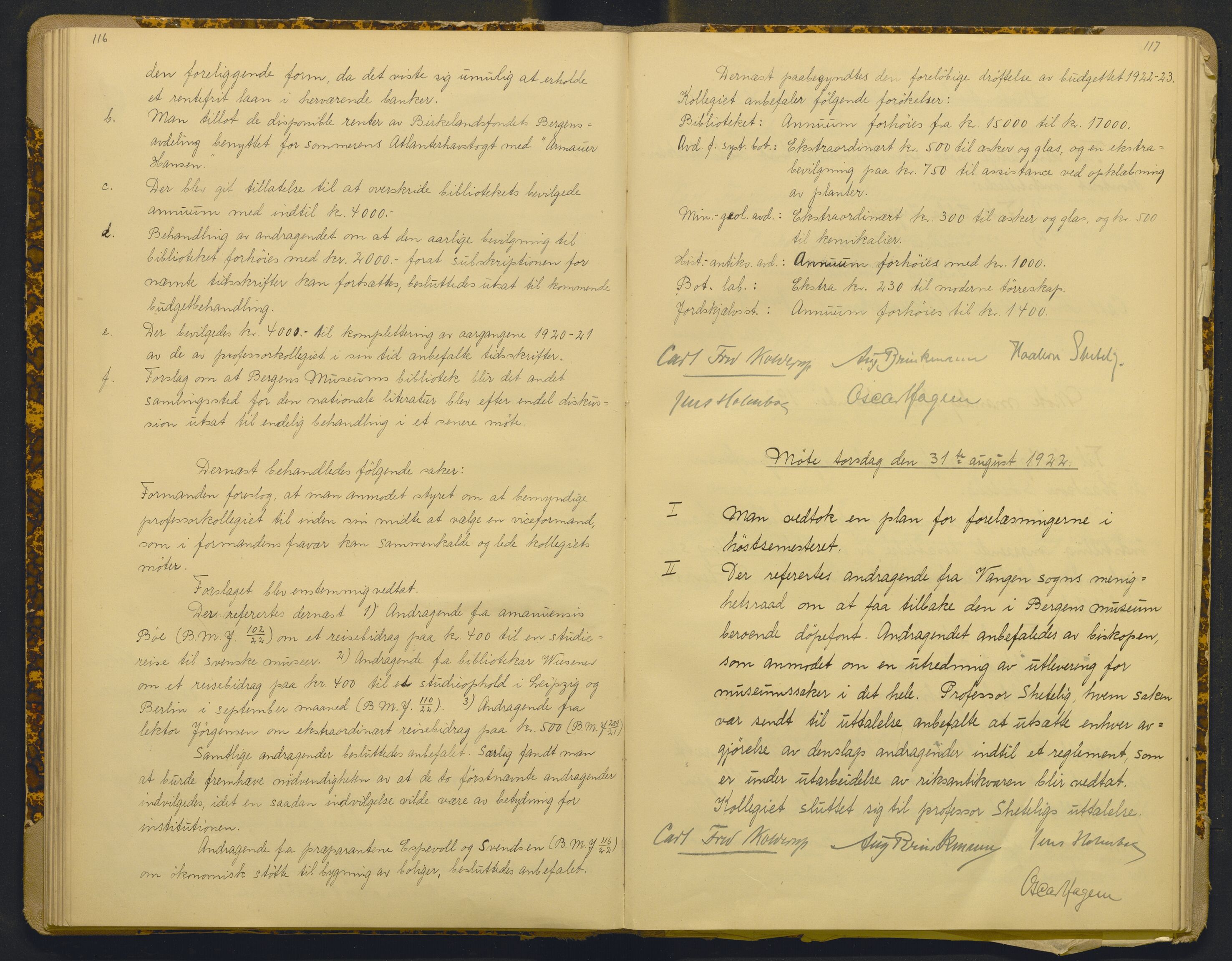Bergens Museum, AV/SAB-A-17301/18/A/L0001: Bestyrerkollegiets forhandlingsprotokoll med register , 1907-1927, p. 116-117