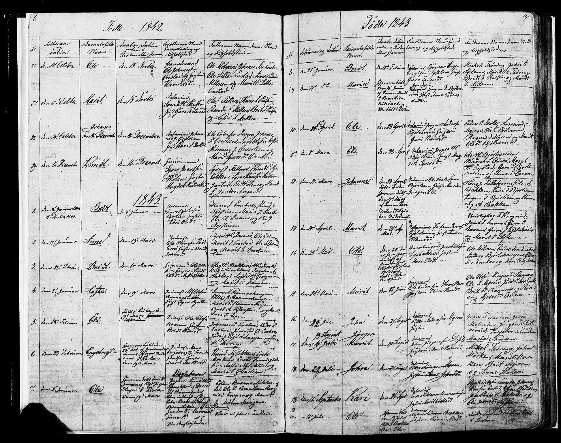 Lesja prestekontor, SAH/PREST-068/H/Ha/Hab/L0004: Parish register (copy) no. 4, 1842-1871, p. 6-7