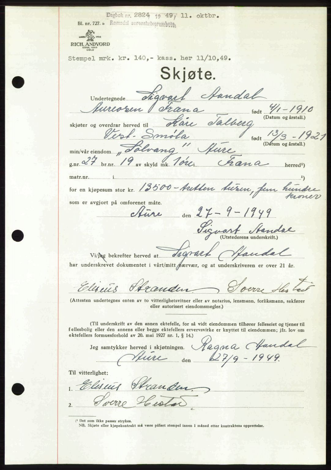 Romsdal sorenskriveri, AV/SAT-A-4149/1/2/2C: Mortgage book no. A31, 1949-1949, Diary no: : 2824/1949