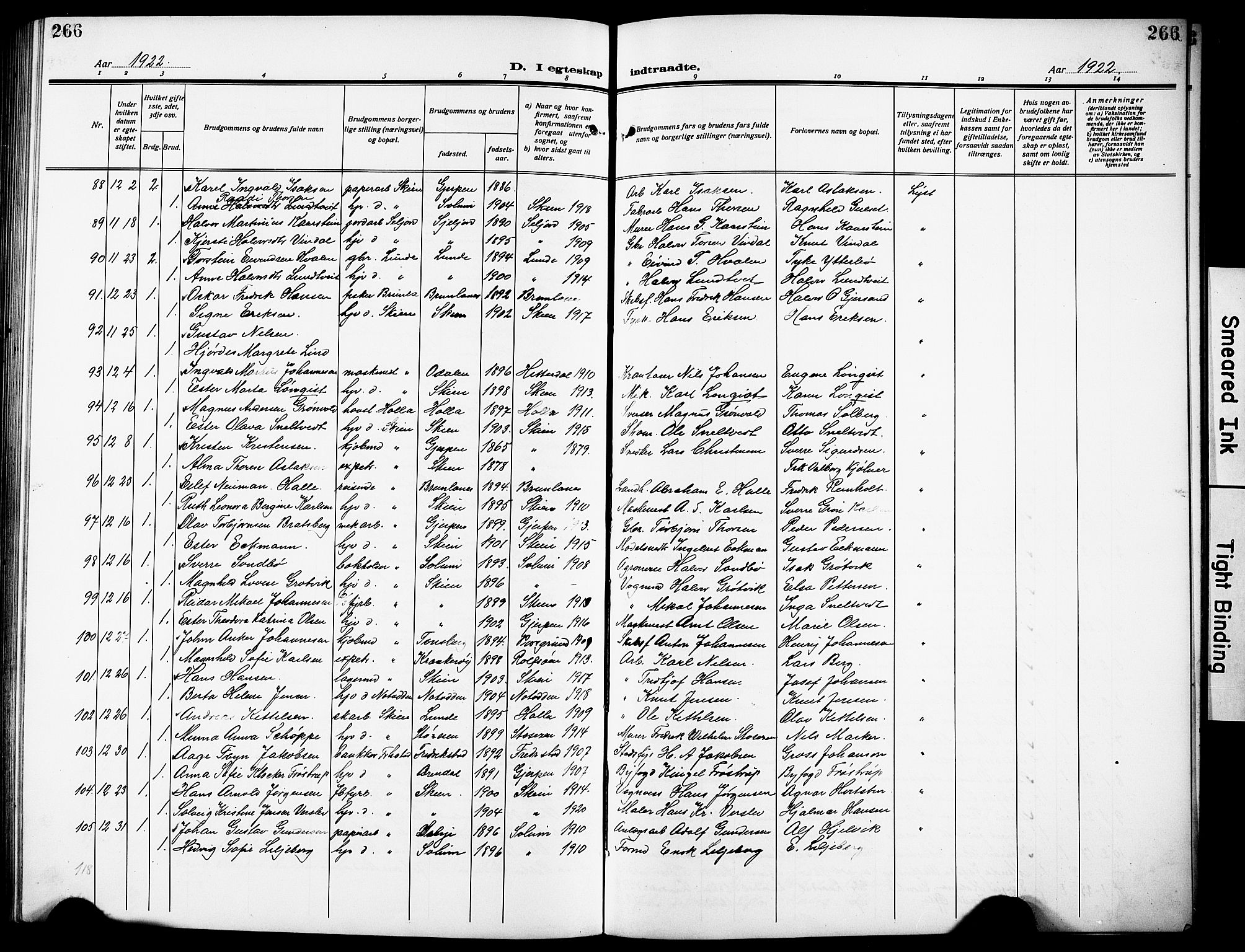 Skien kirkebøker, AV/SAKO-A-302/G/Ga/L0010: Parish register (copy) no. 10, 1920-1931, p. 266