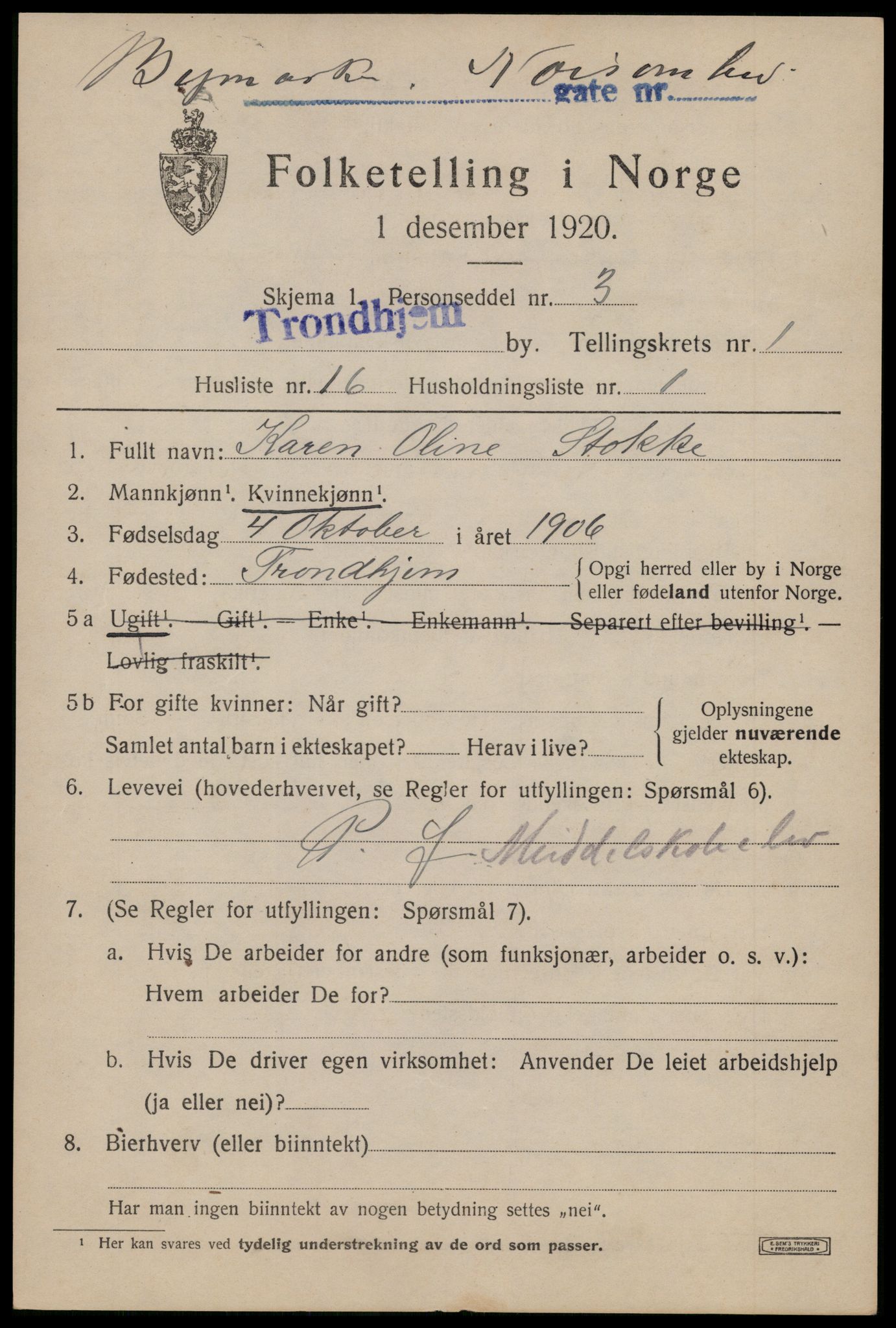 SAT, 1920 census for Trondheim, 1920, p. 32912