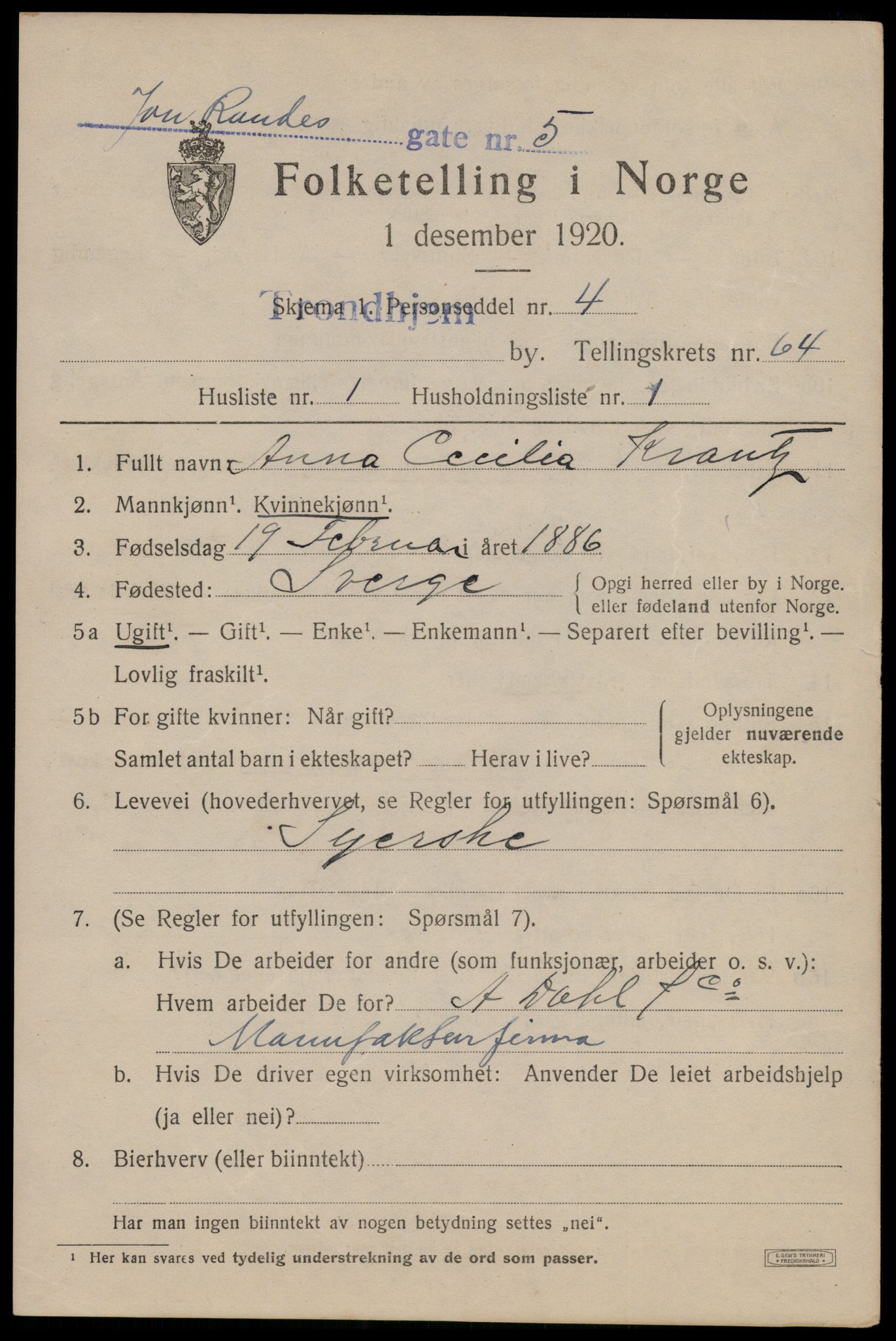 SAT, 1920 census for Trondheim, 1920, p. 127142