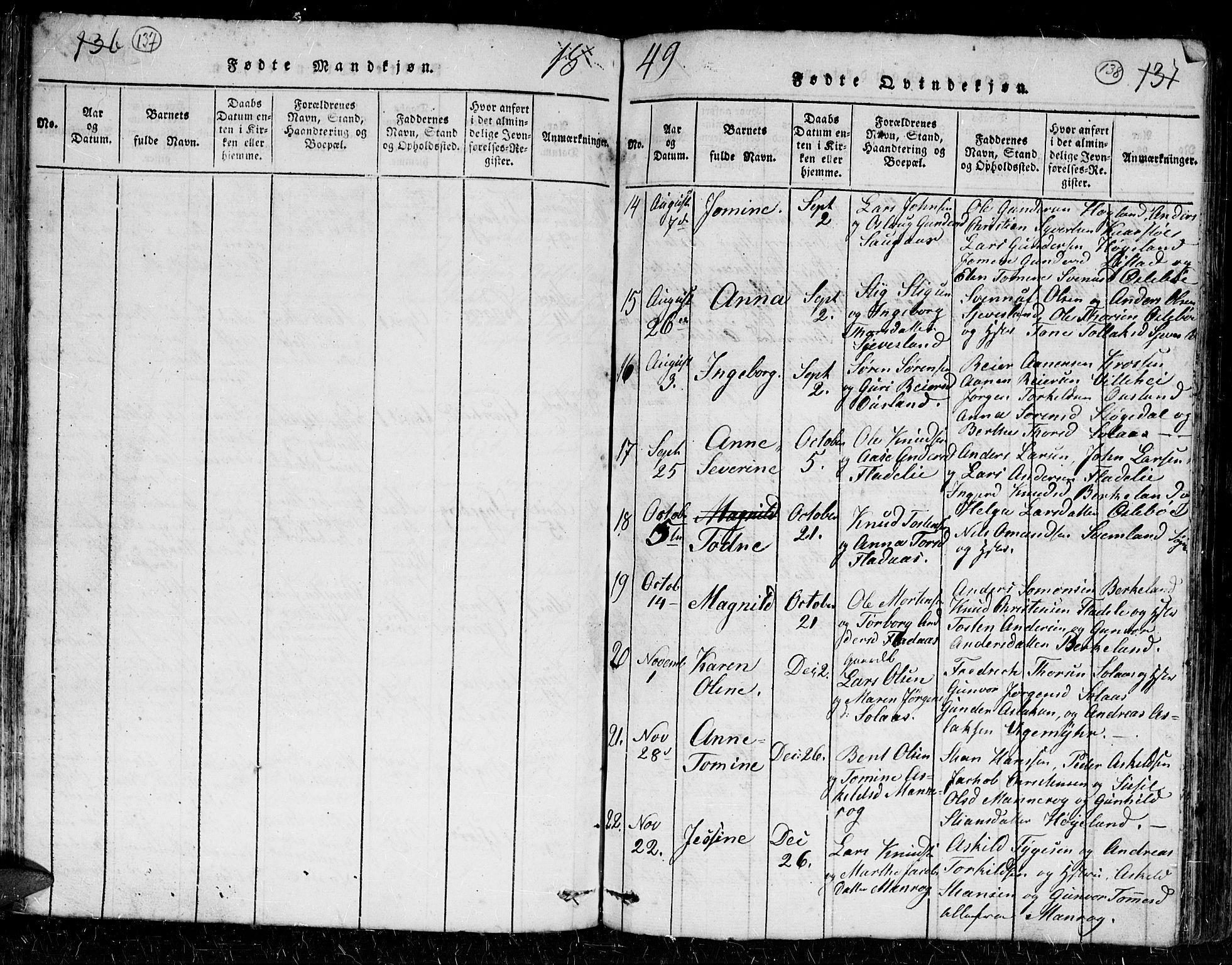 Holum sokneprestkontor, AV/SAK-1111-0022/F/Fb/Fbc/L0001: Parish register (copy) no. B 1, 1820-1859, p. 137-138