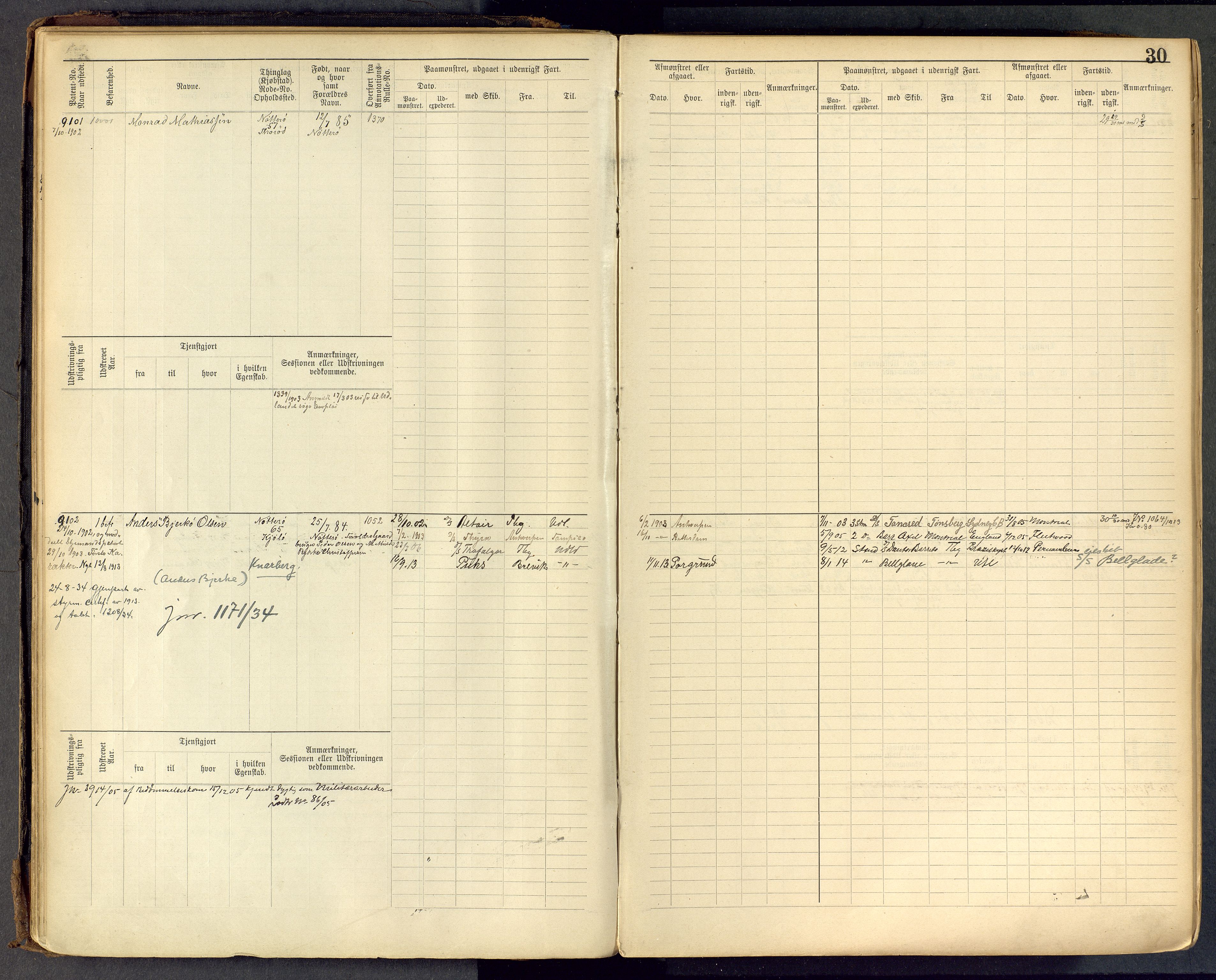 Tønsberg innrulleringskontor, AV/SAKO-A-786/F/Fc/Fcb/L0009: Hovedrulle Patent nr. 9043-9992, 1900-1921, p. 30