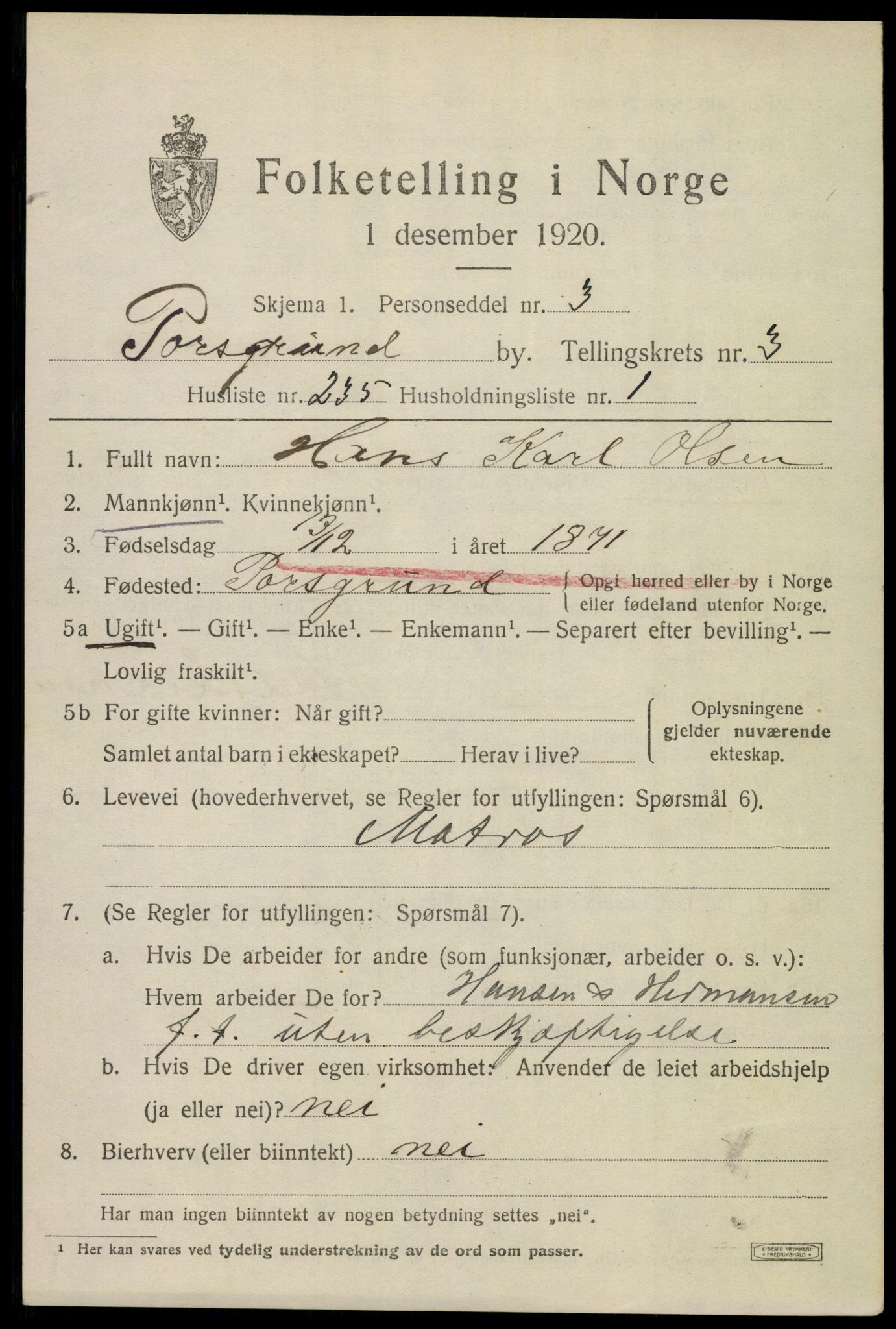 SAKO, 1920 census for Porsgrunn, 1920, p. 17407