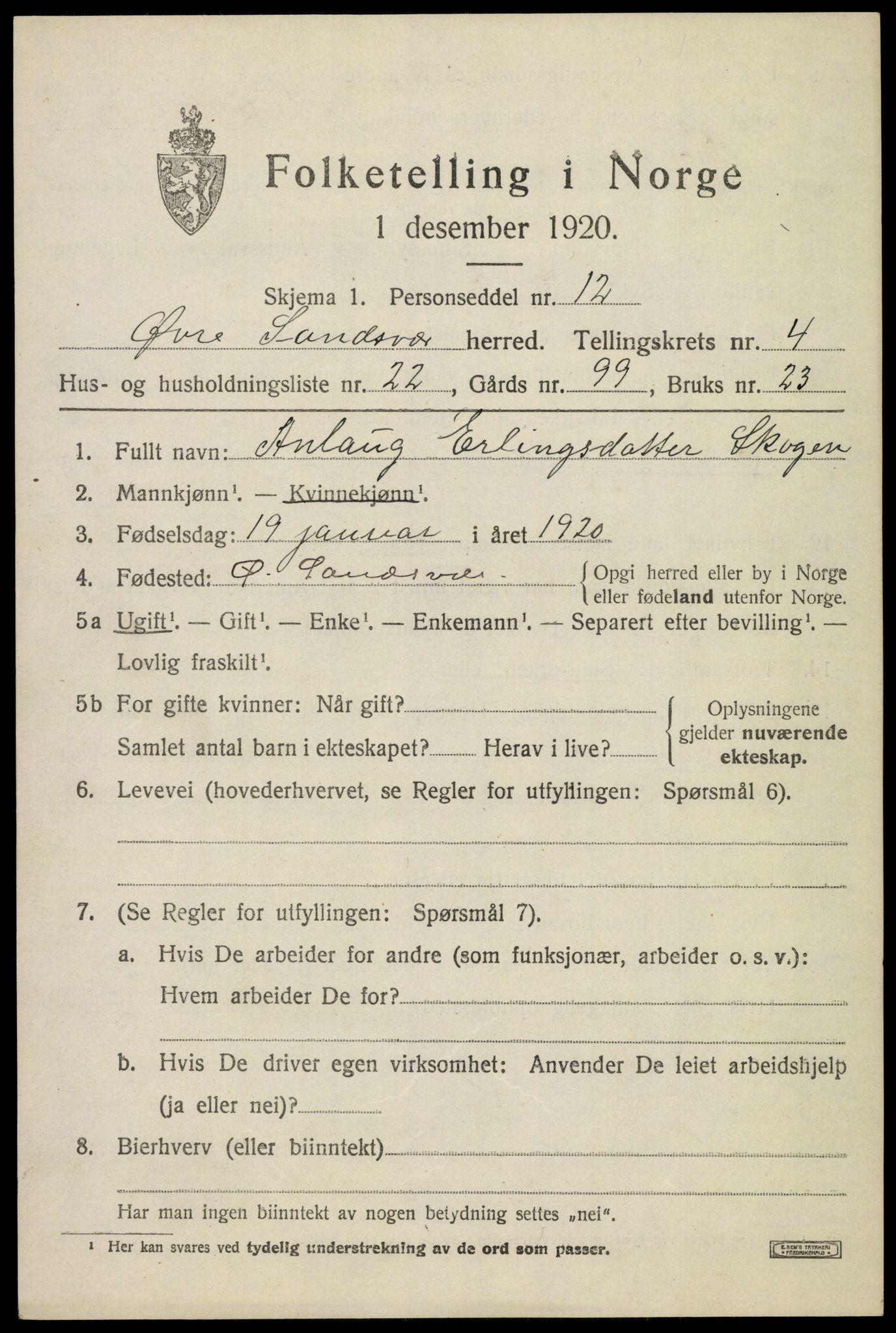 SAKO, 1920 census for Øvre Sandsvær, 1920, p. 2820